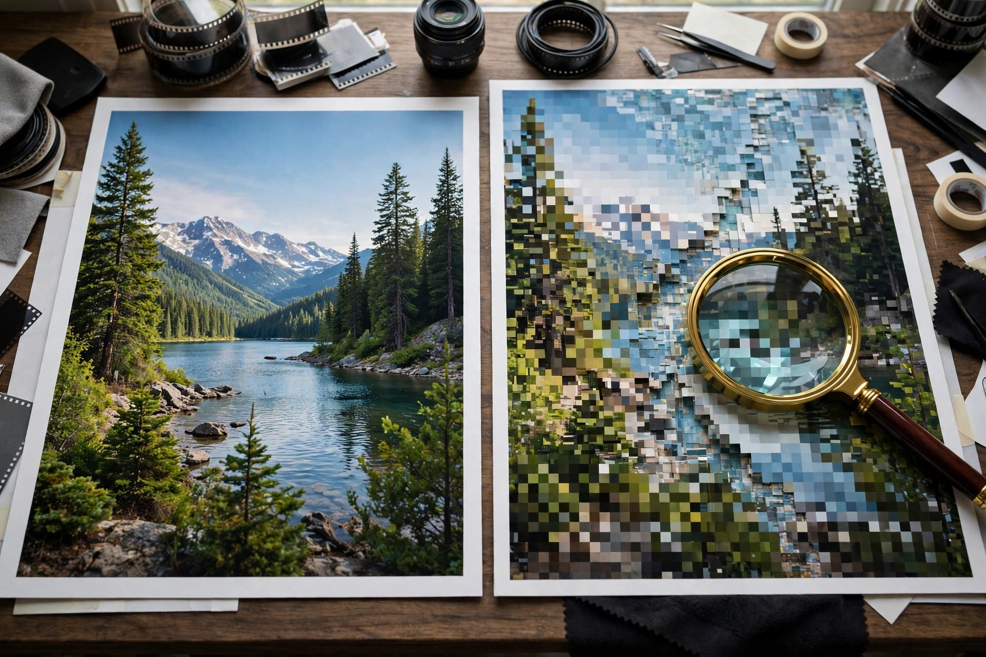 Two photo prints side by side, one sharp and one pixelated under a magnifying glass — illustrating JPEG XL compression support questions for Google Images