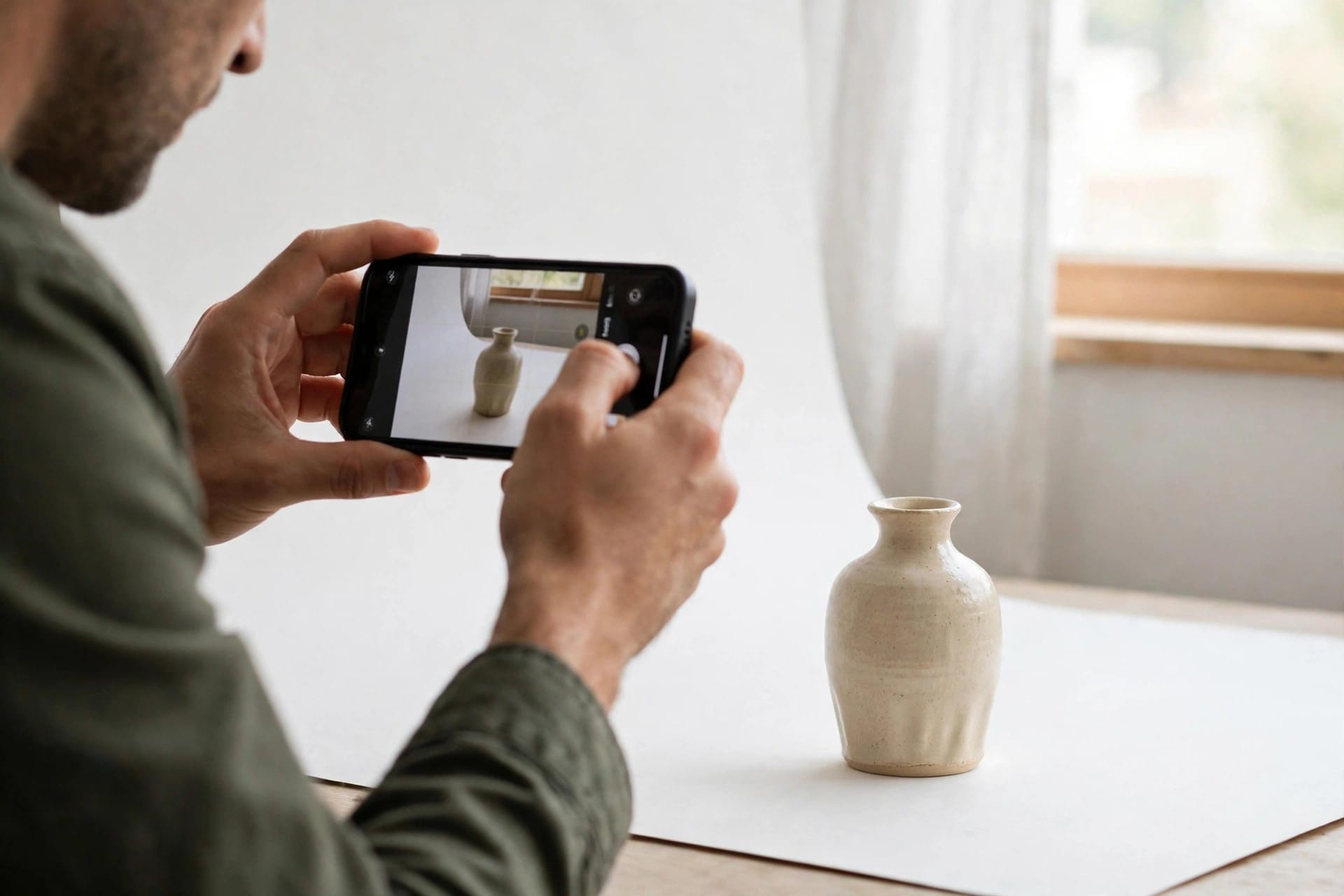Person photographing a ceramic vase in bright daylight with a smartphone
