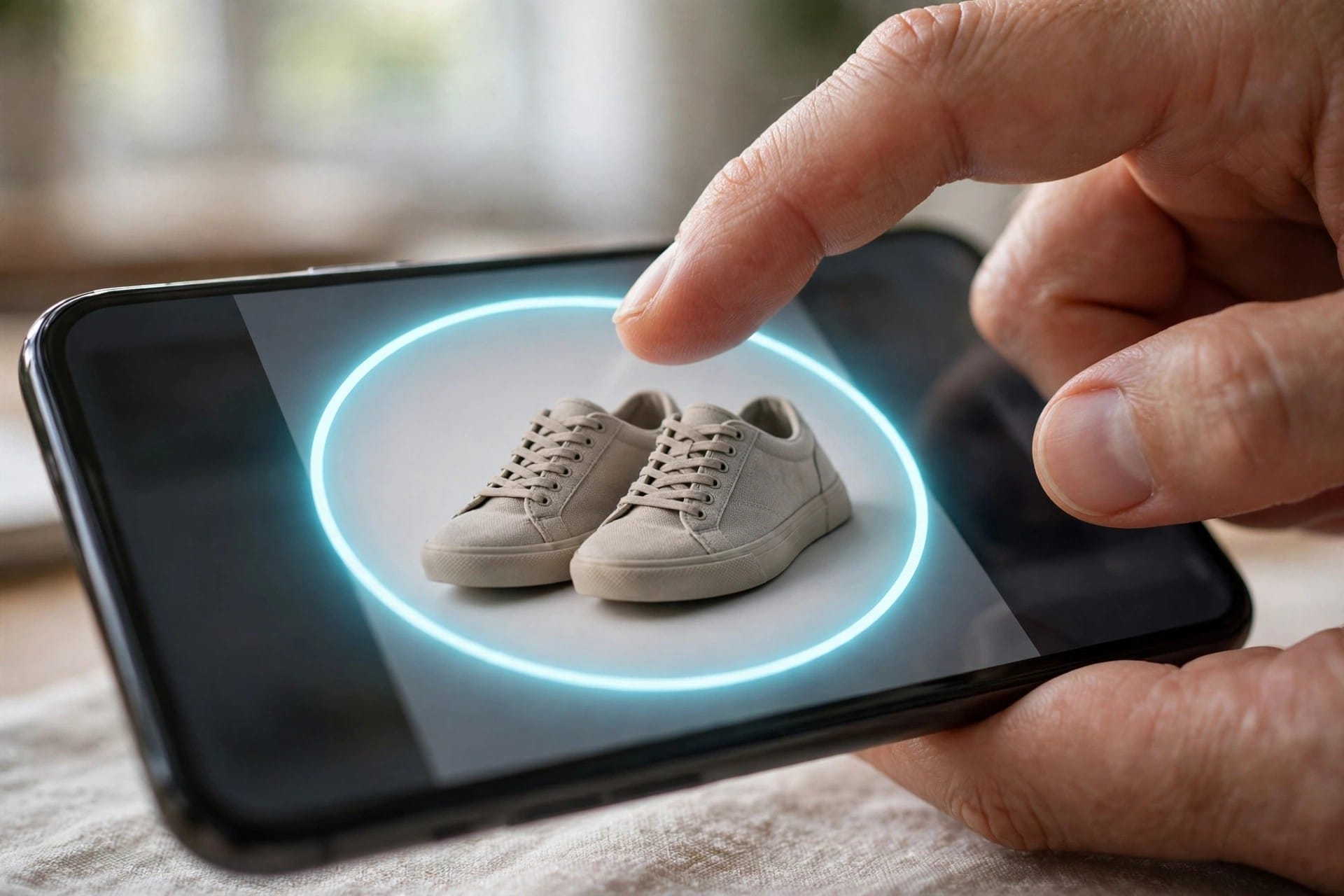 Finger circling a pair of sneakers on a smartphone screen