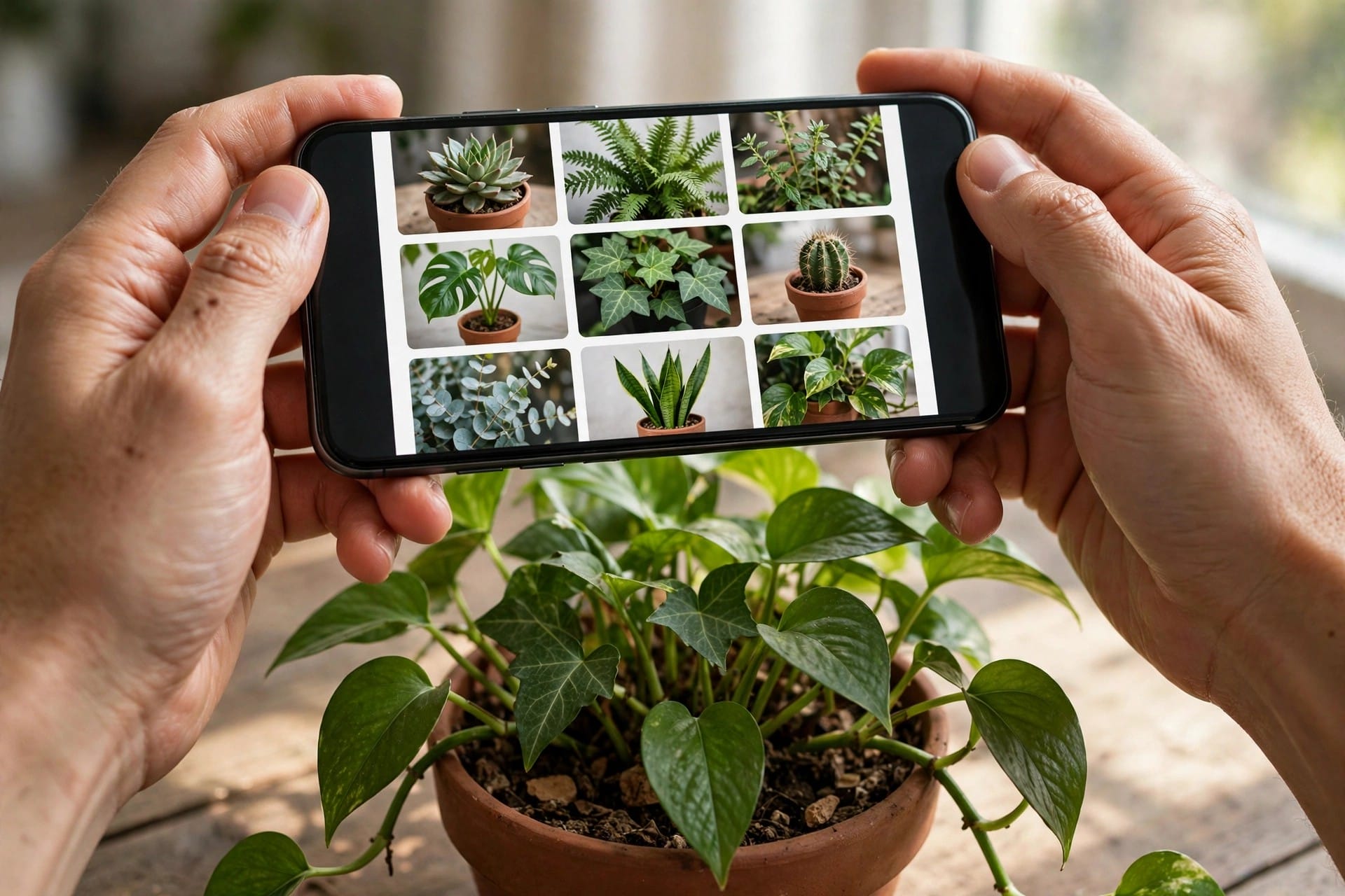 Hands holding a smartphone showing plant search results over a potted plant