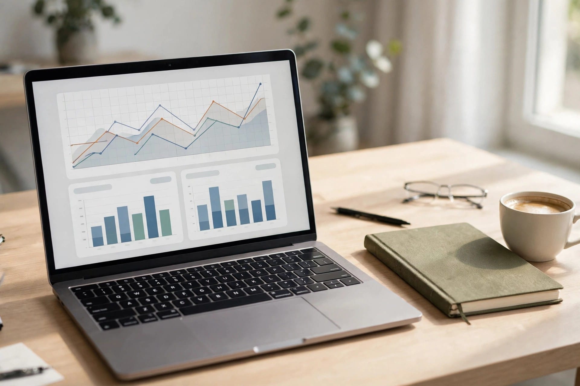 Laptop showing a web analytics dashboard with charts