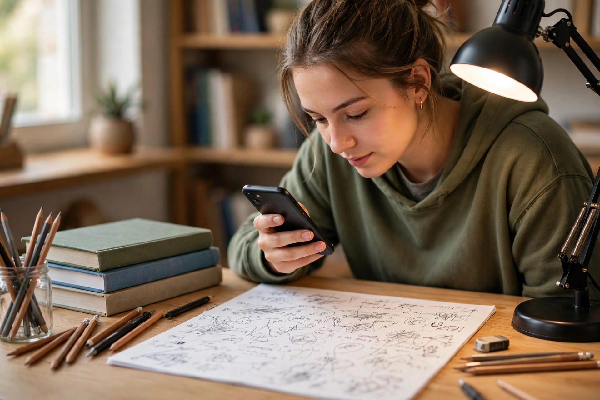 Student using a phone to photograph a handwritten worksheet