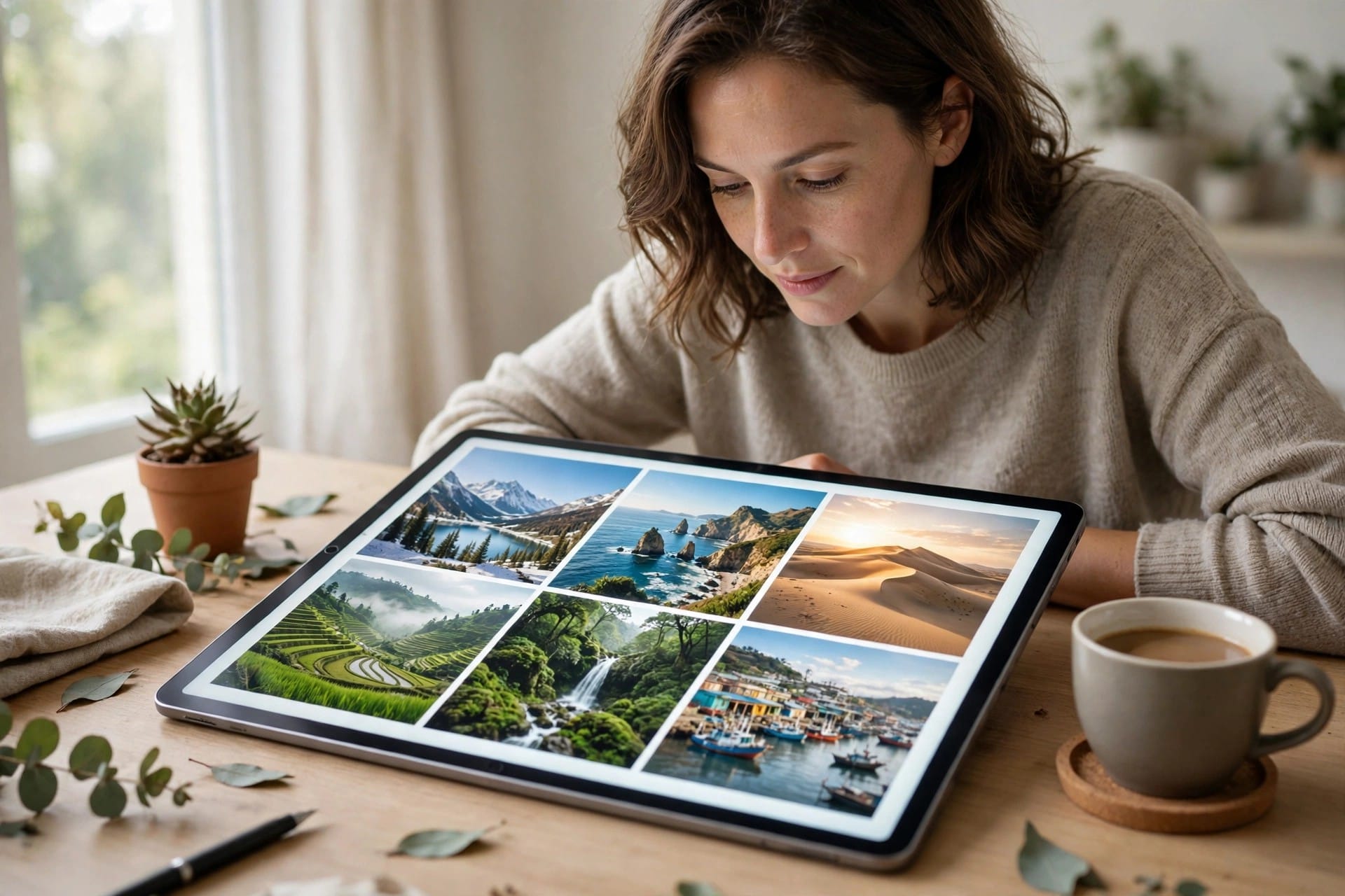 Woman browsing a grid of travel photographs on a tablet