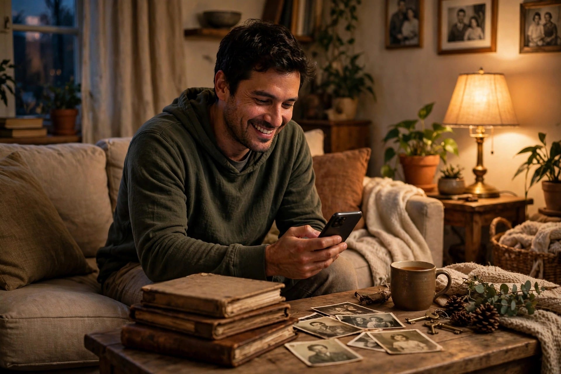 Man looking at old family photographs on his phone at home