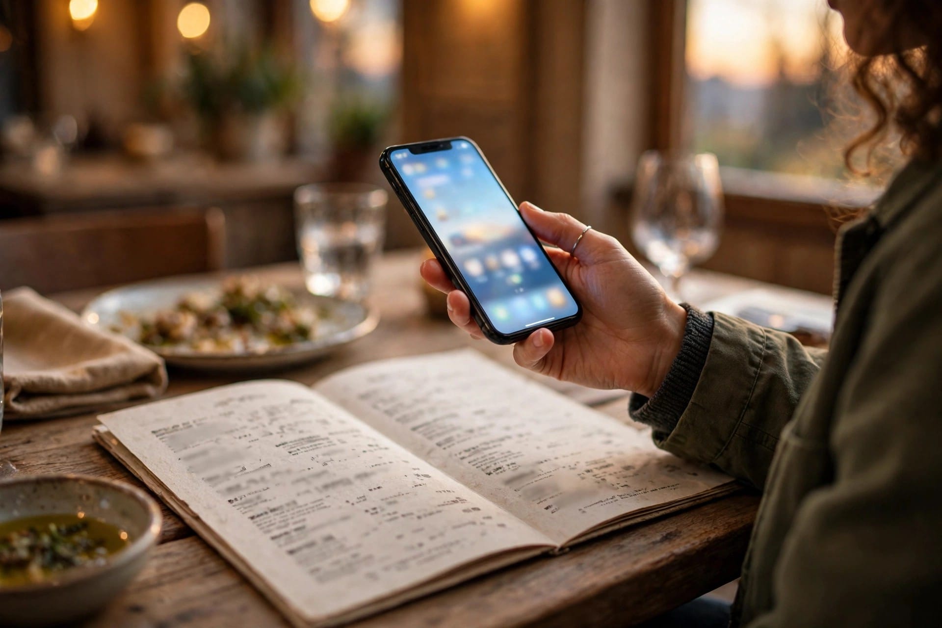 Diner holding a phone over an open restaurant menu