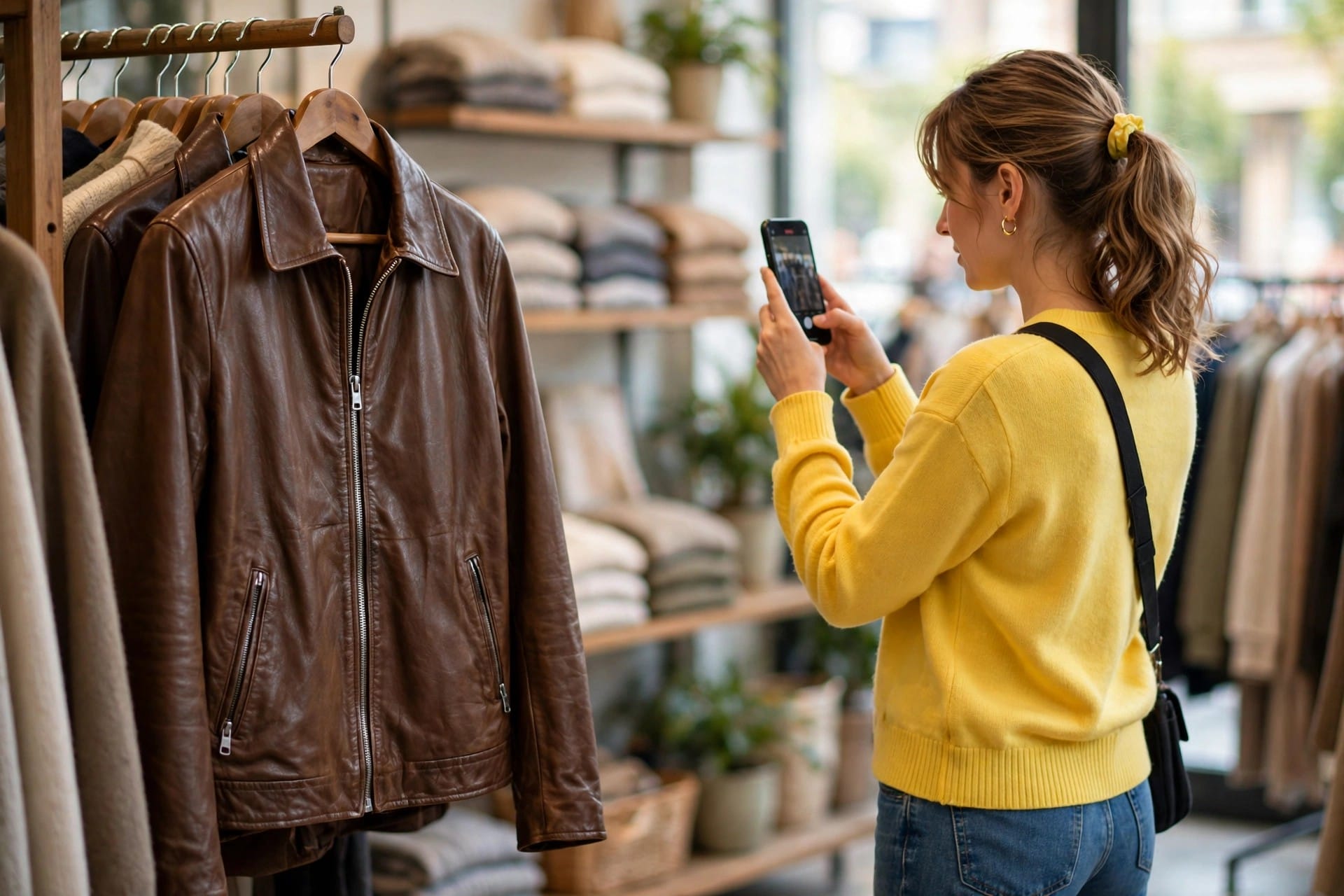 Shopper photographing a leather jacket in a clothing store with a smartphone