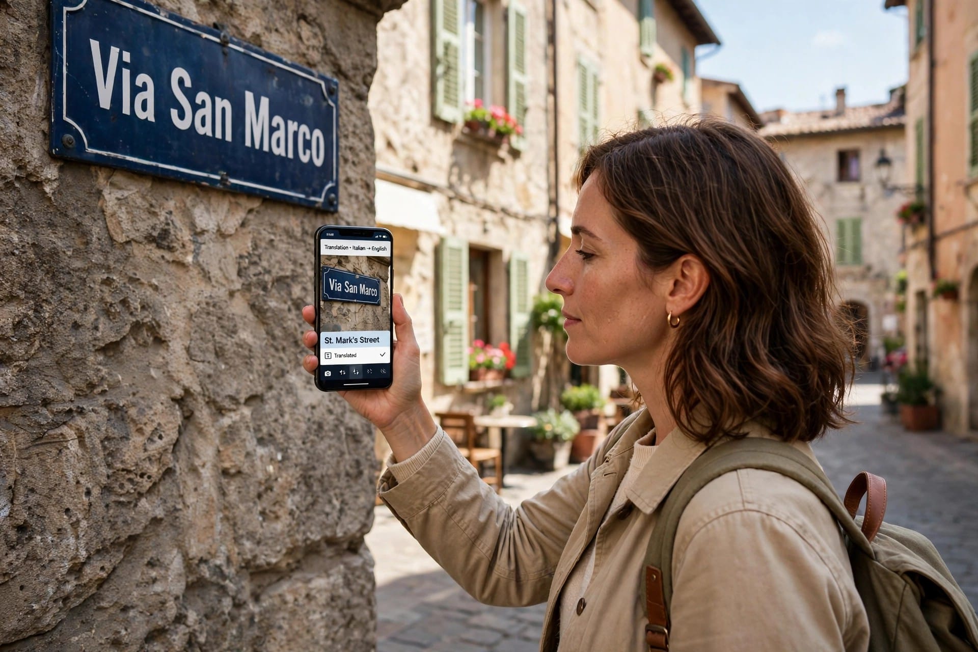 Traveller using a phone to translate an Italian street sign