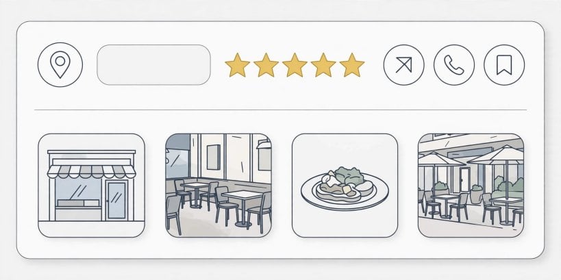 Close-up concept of a local business knowledge panel with the name, star rating and action buttons at the top and photos below