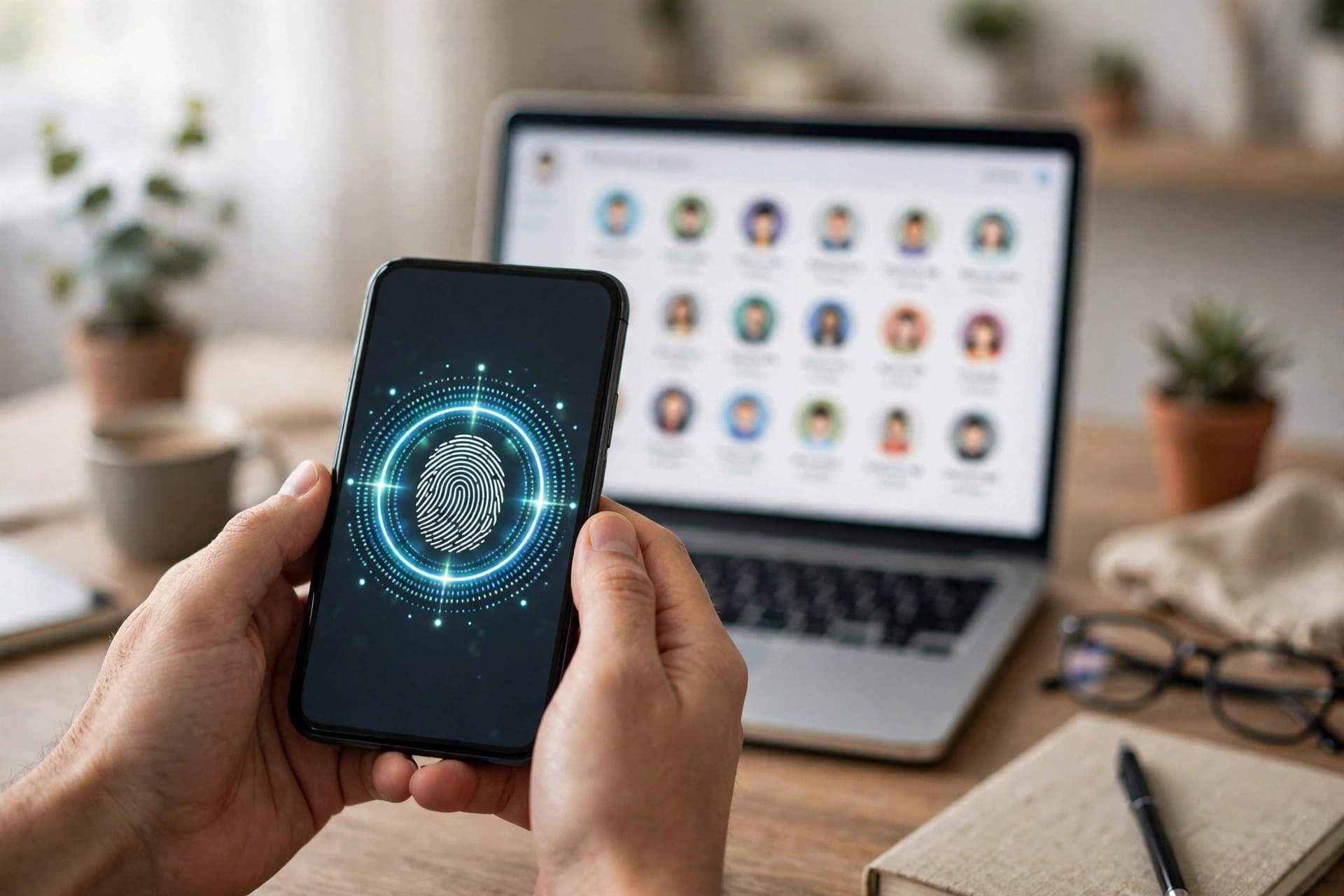 Hands holding a phone with fingerprint login while a laptop shows merchant account user avatars