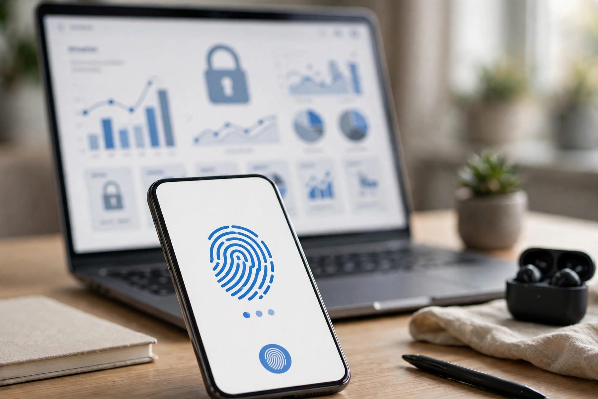 Smartphone showing passkey fingerprint authentication with a merchant shopping dashboard and padlock on a laptop behind