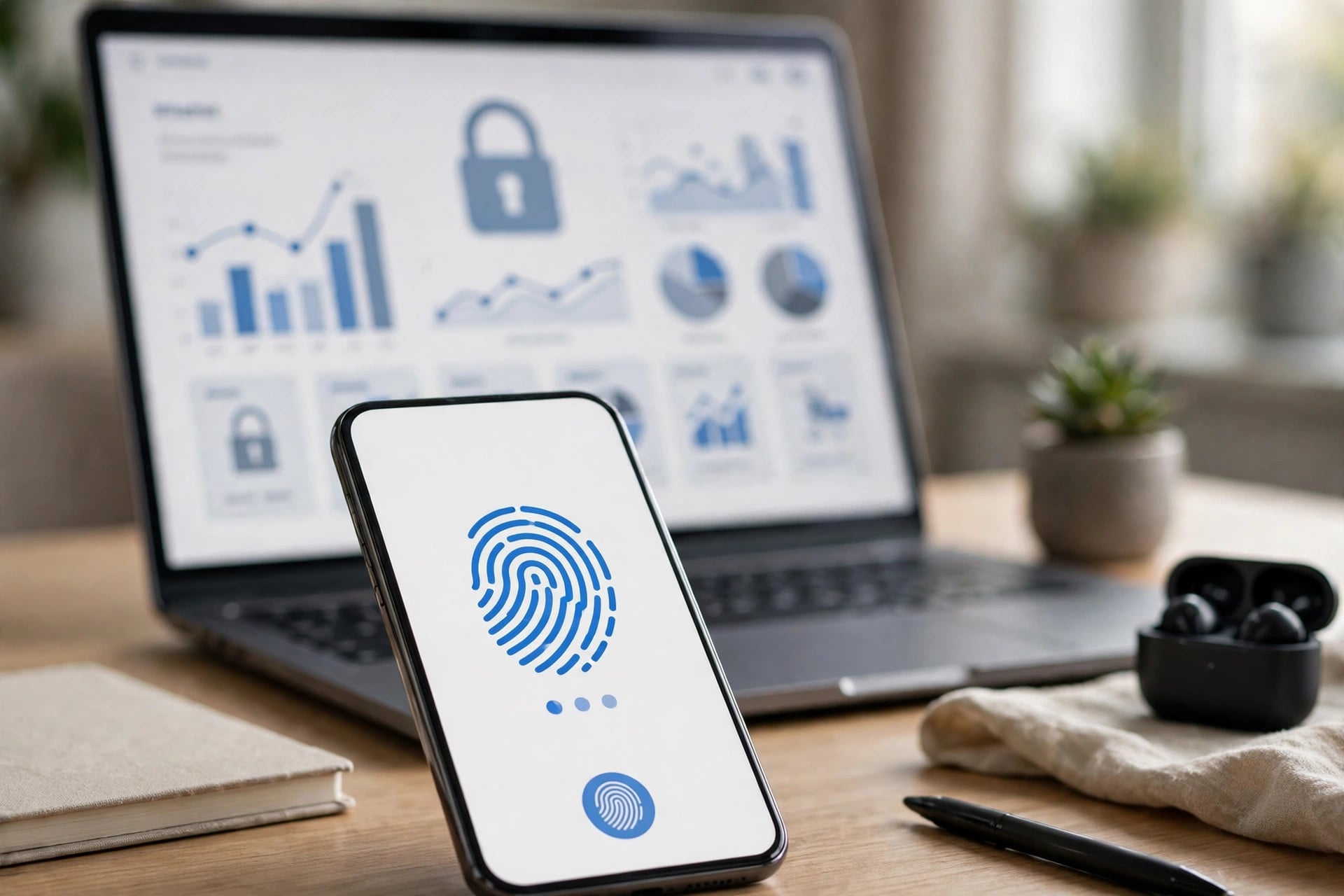Smartphone showing passkey fingerprint authentication with a merchant shopping dashboard and padlock on a laptop behind