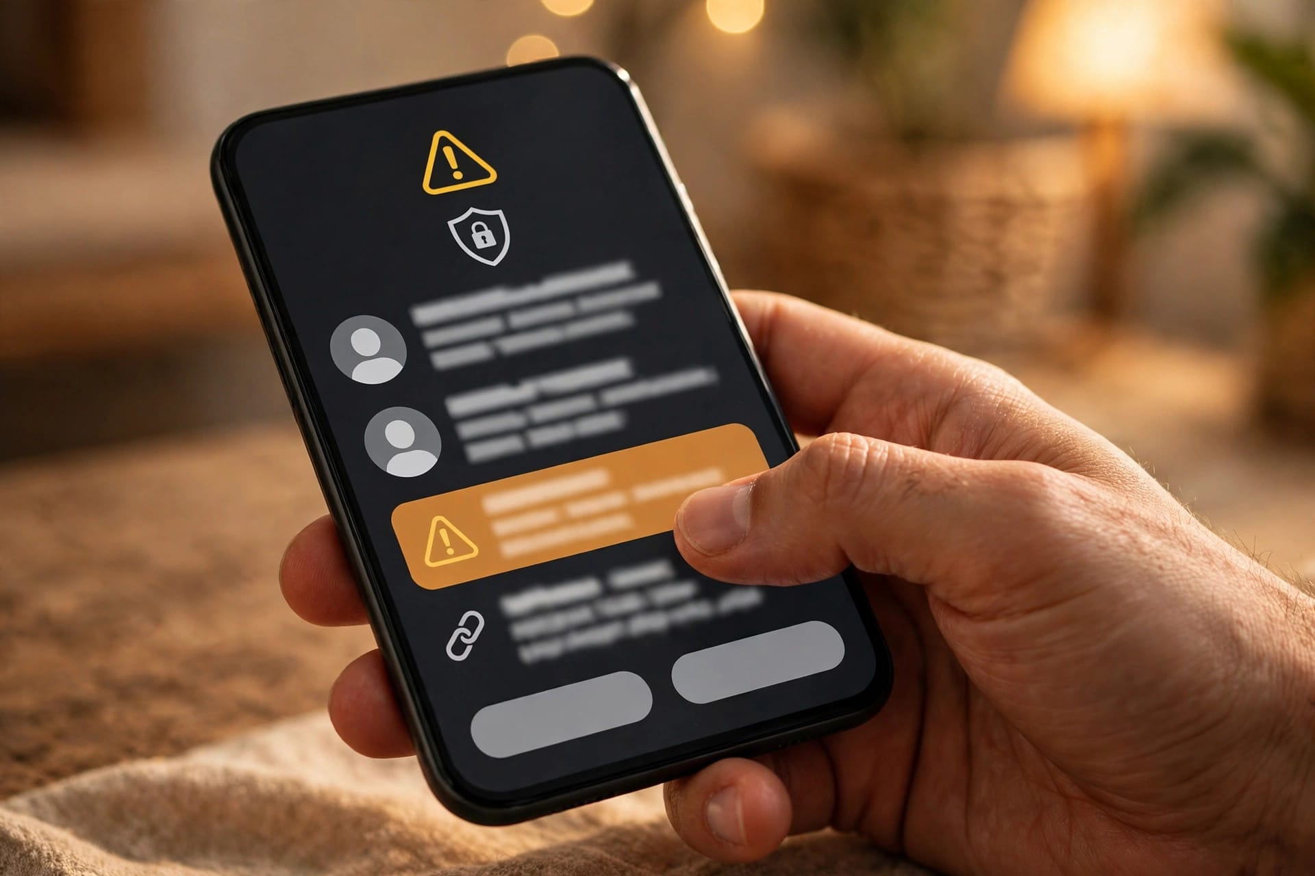 A hand holding a smartphone displaying a messaging warning screen, pausing before tapping a link from an unknown sender