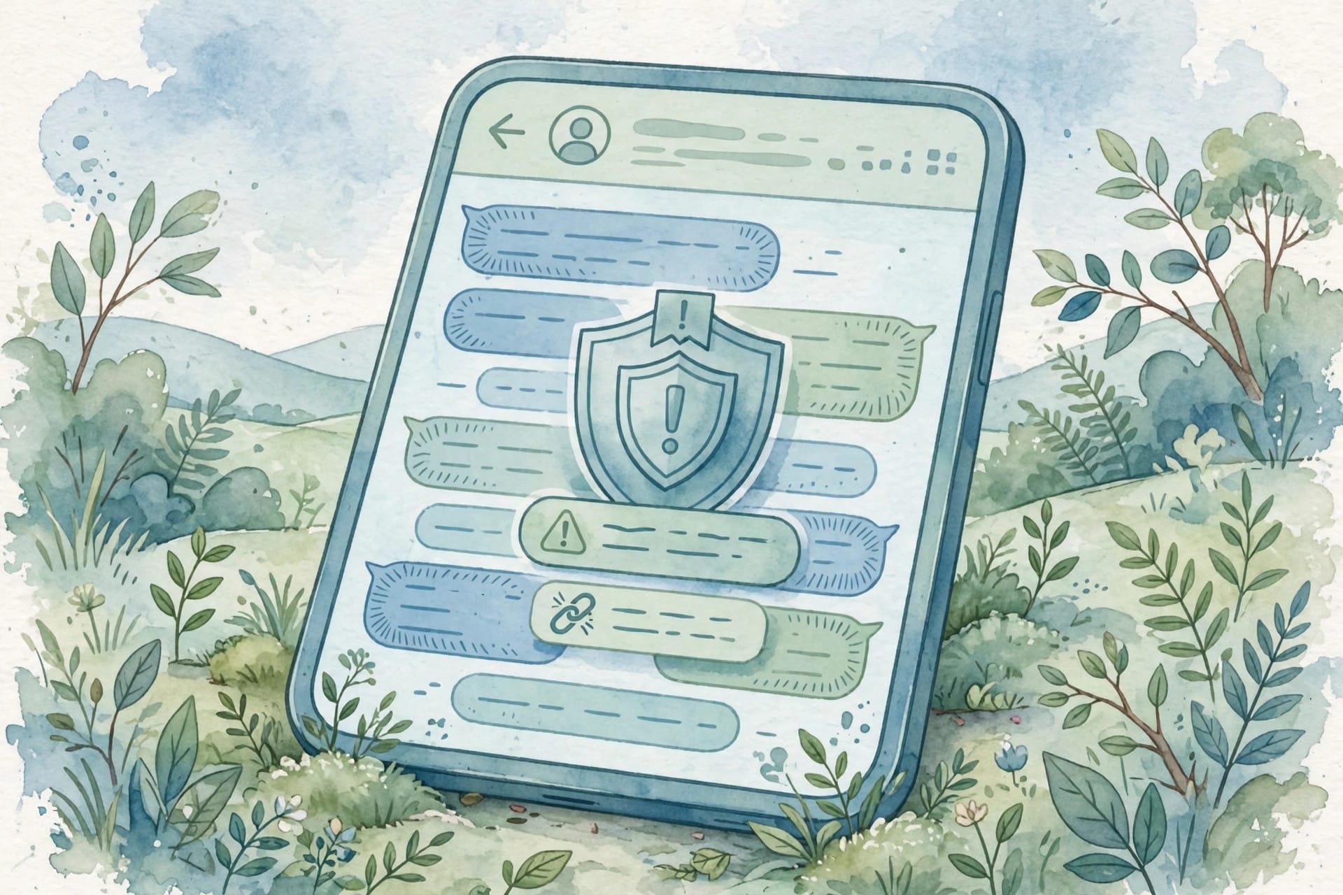 A smartphone showing a messaging app with a shield badge over a chat conversation warning about a suspicious link