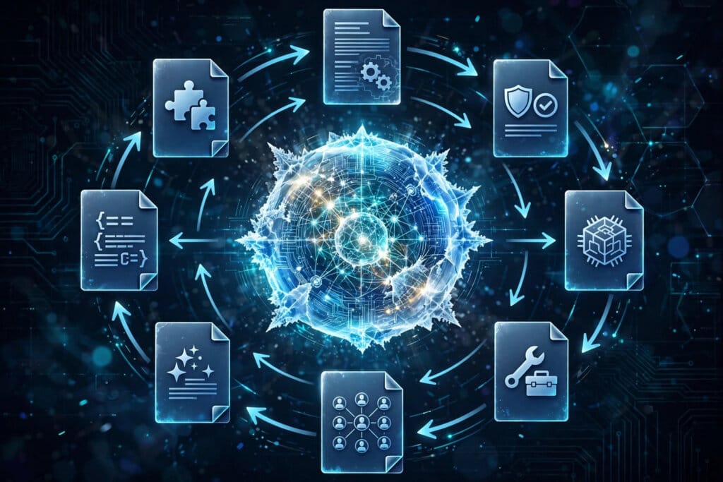 Harness2 recursive agent harnessing framework diagram with eight editable files around a frozen AI model