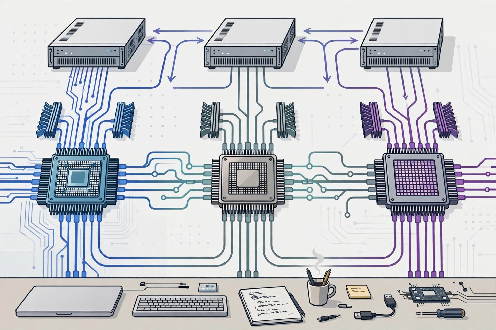 GPU, CPU and TPU chips linked by one open software bridge in the TorchTPU portability stack