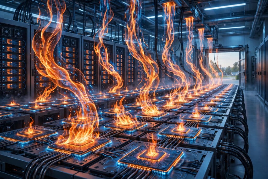 Google TPU chips running PyTorch code as flame streams in a data centre for the open-source TorchTPU launch