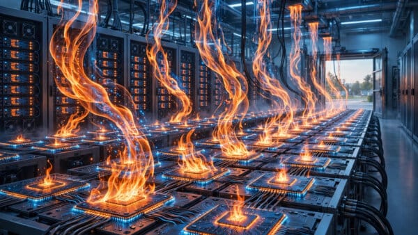Google TPU chips running PyTorch code as flame streams in a data centre for the open-source TorchTPU launch