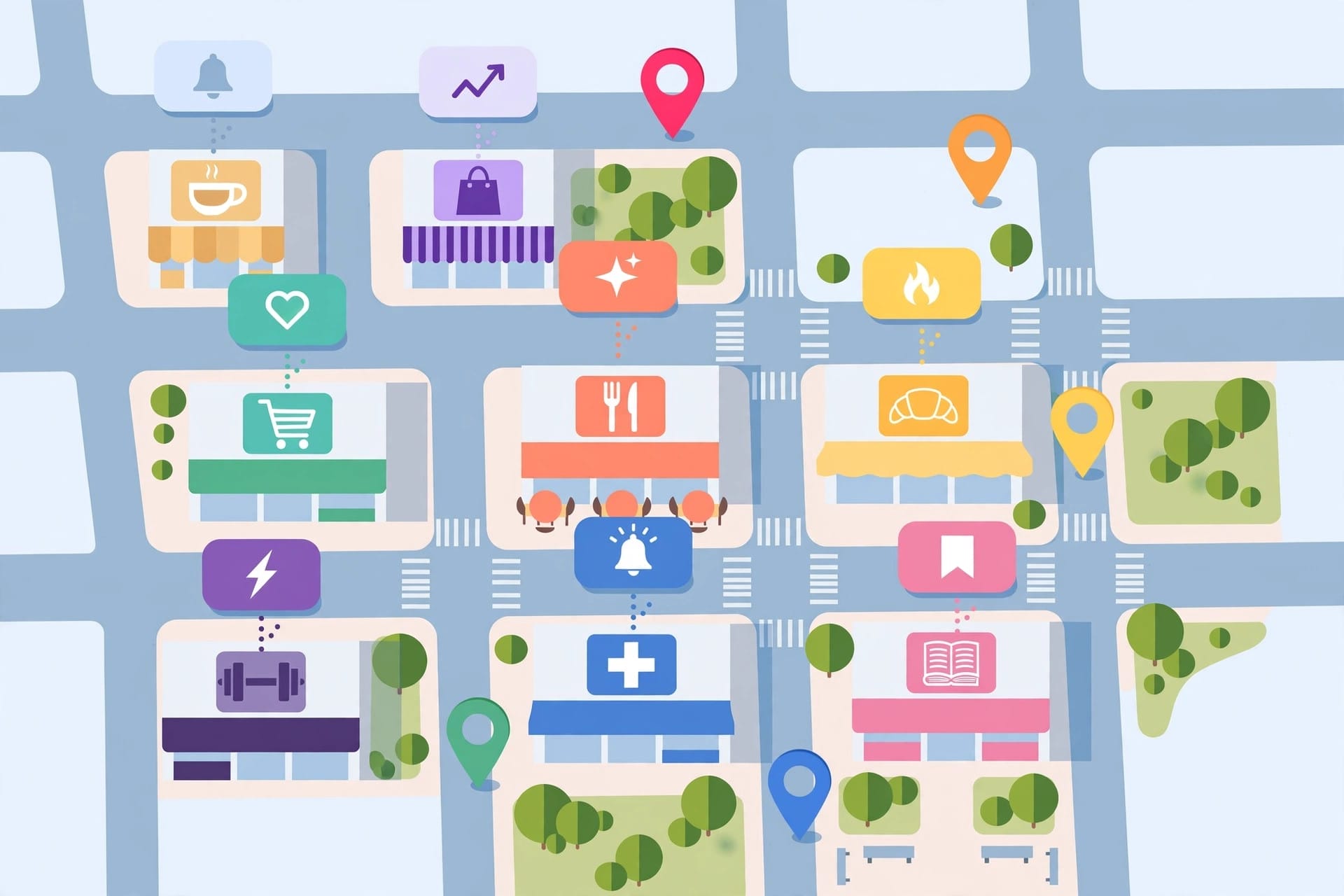 Stylised neighbourhood map with location pins and update cards rising from local shops
