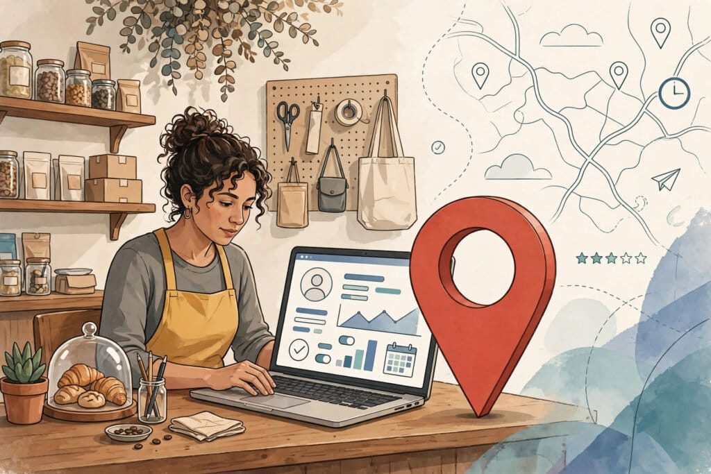Local shop owner updating her Google Business Profile on a laptop beside a large map pin
