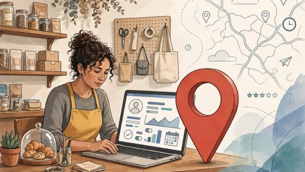 Local shop owner updating her Google Business Profile on a laptop beside a large map pin
