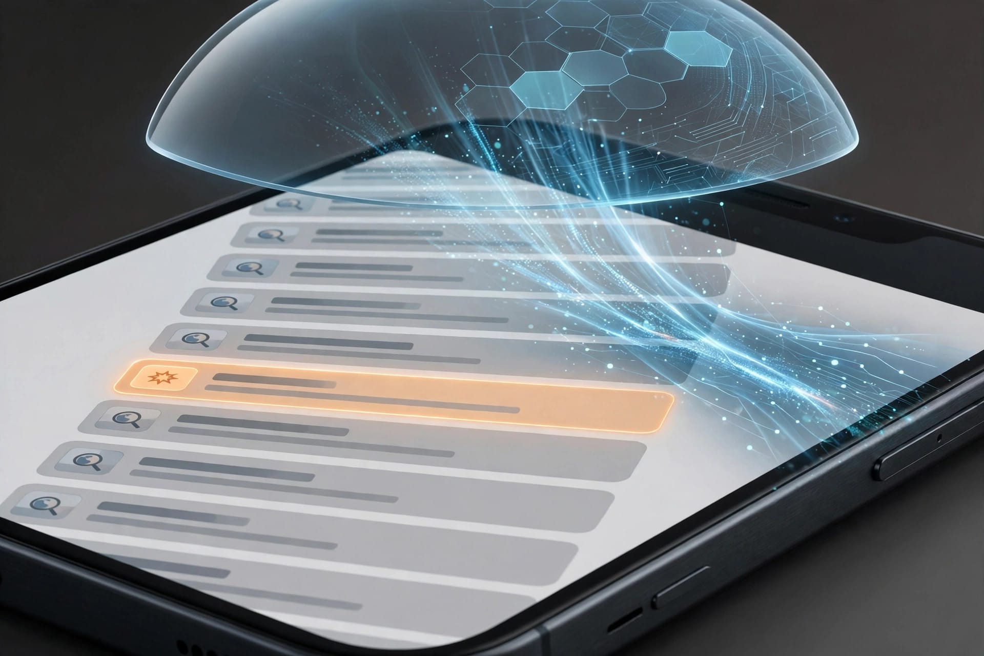 A smartphone shows a search page with a highlighted sponsored ad under a privacy shield — illustrating Personal Intelligence ad personalization