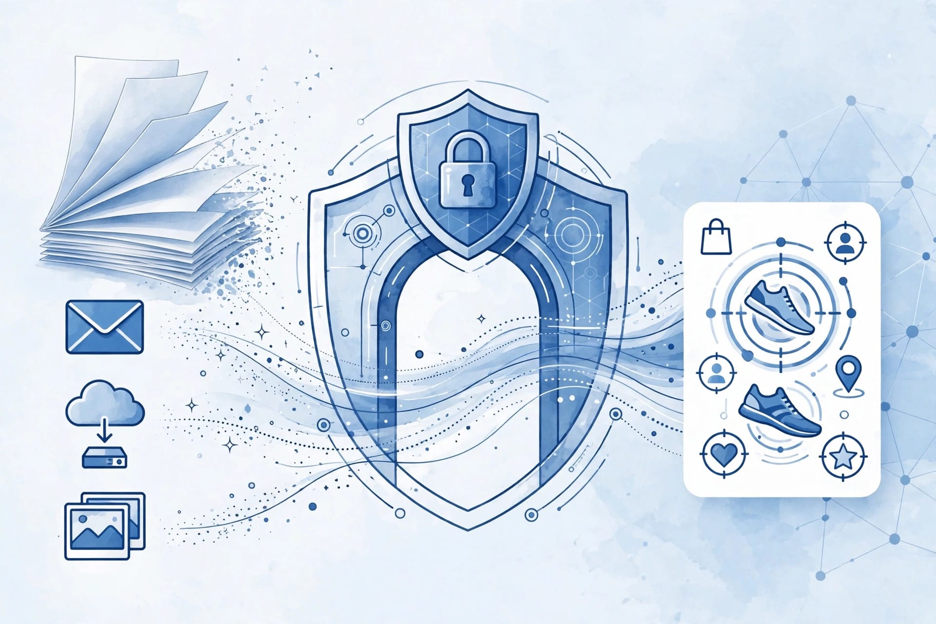 A privacy policy document flows through a shield gateway into a targeted ad display — illustrating Google letting Gmail Drive and Photos data shape personalized ads