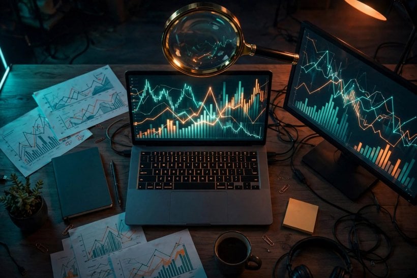Magnifying glass over a glowing screen showing fluctuating Google search results