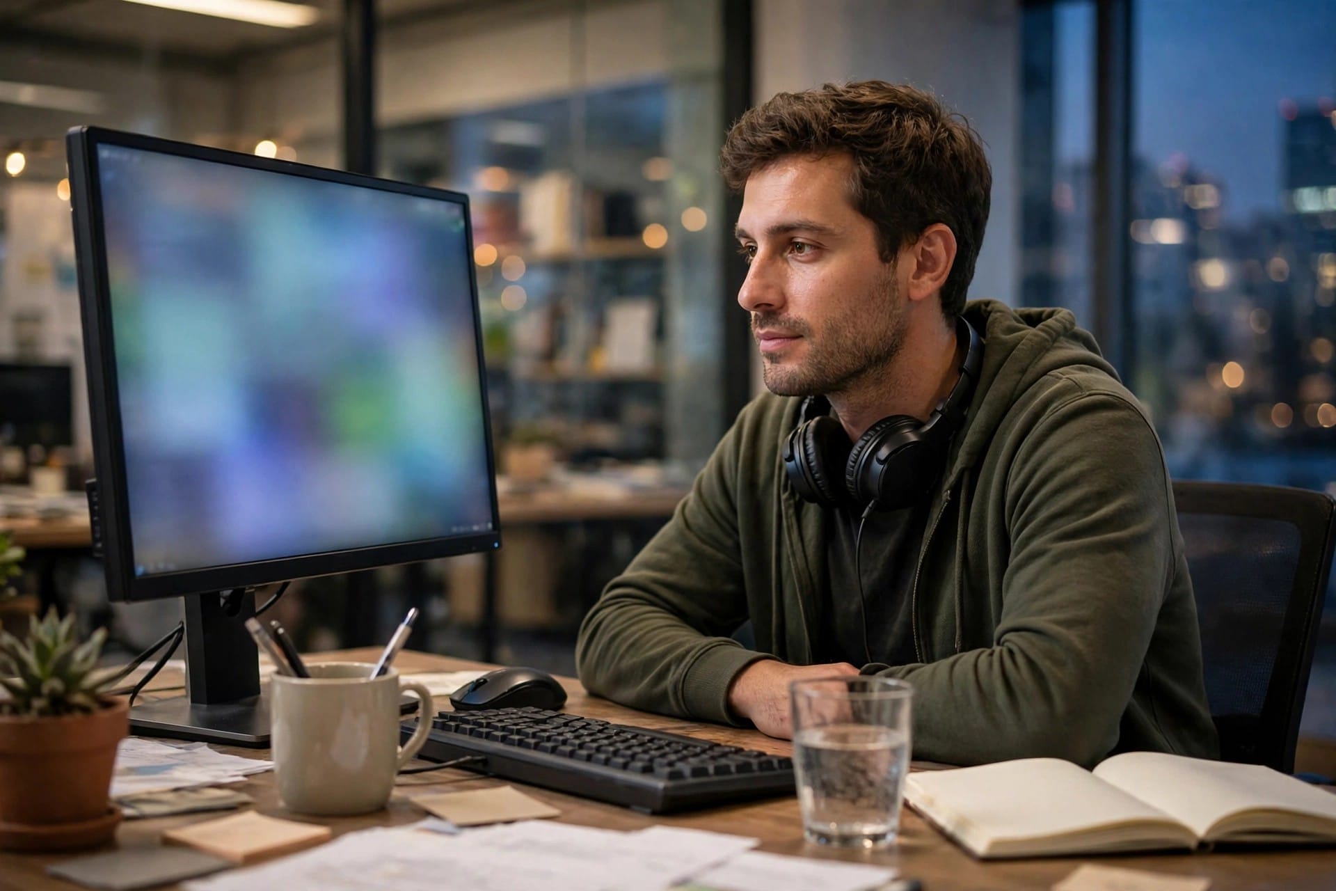 Developer at a desk with a monitor showing blurred code and headphones around his neck