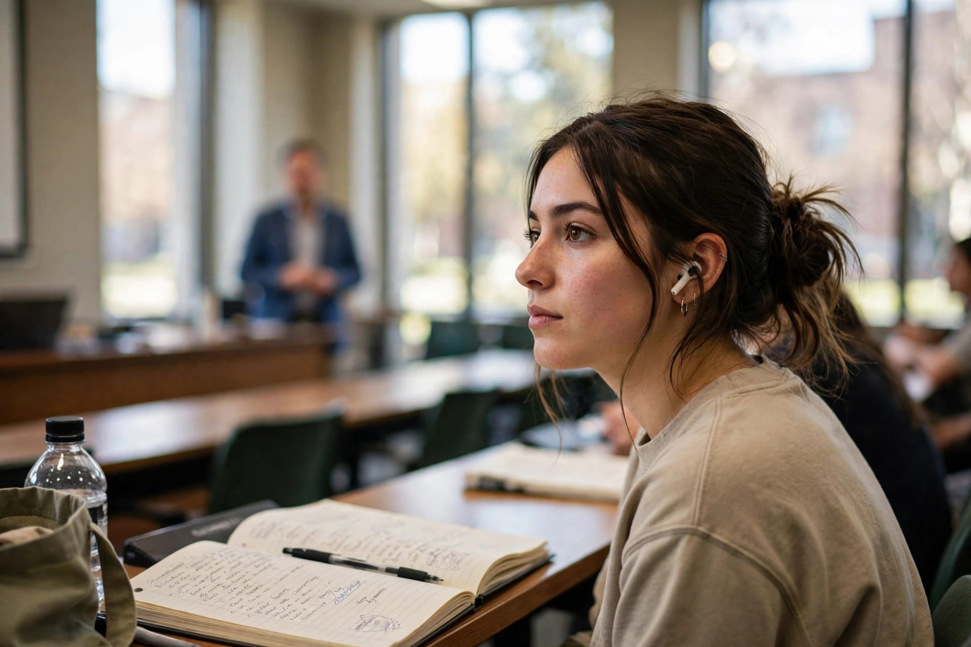 Student wearing an earbud listening in a lecture hall