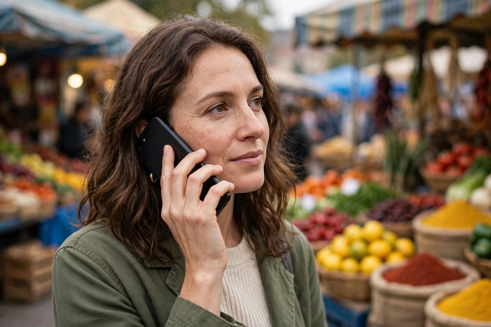 Woman holding a phone to her ear in an outdoor market