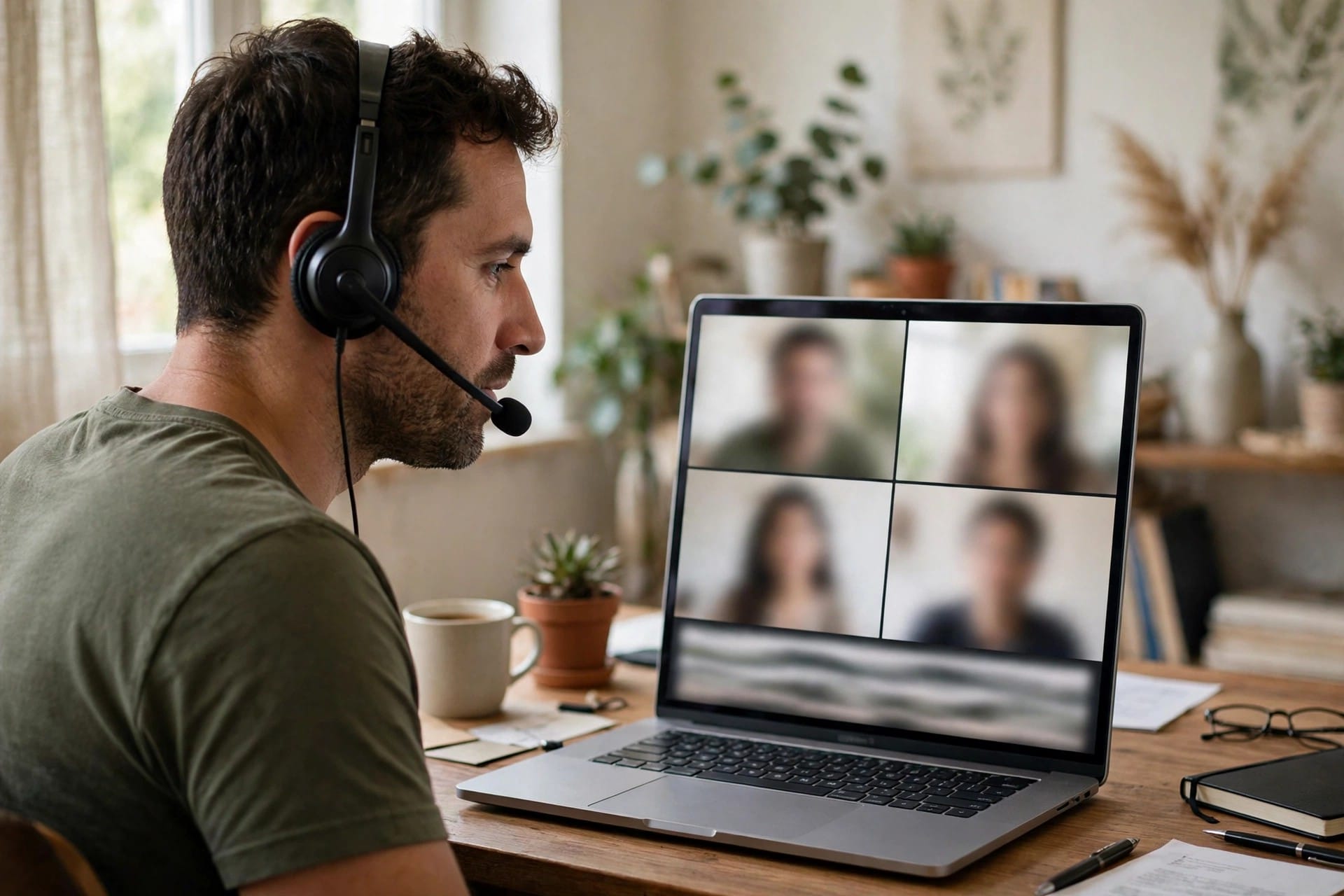 Man wearing a headset on a video call with four participants on a laptop