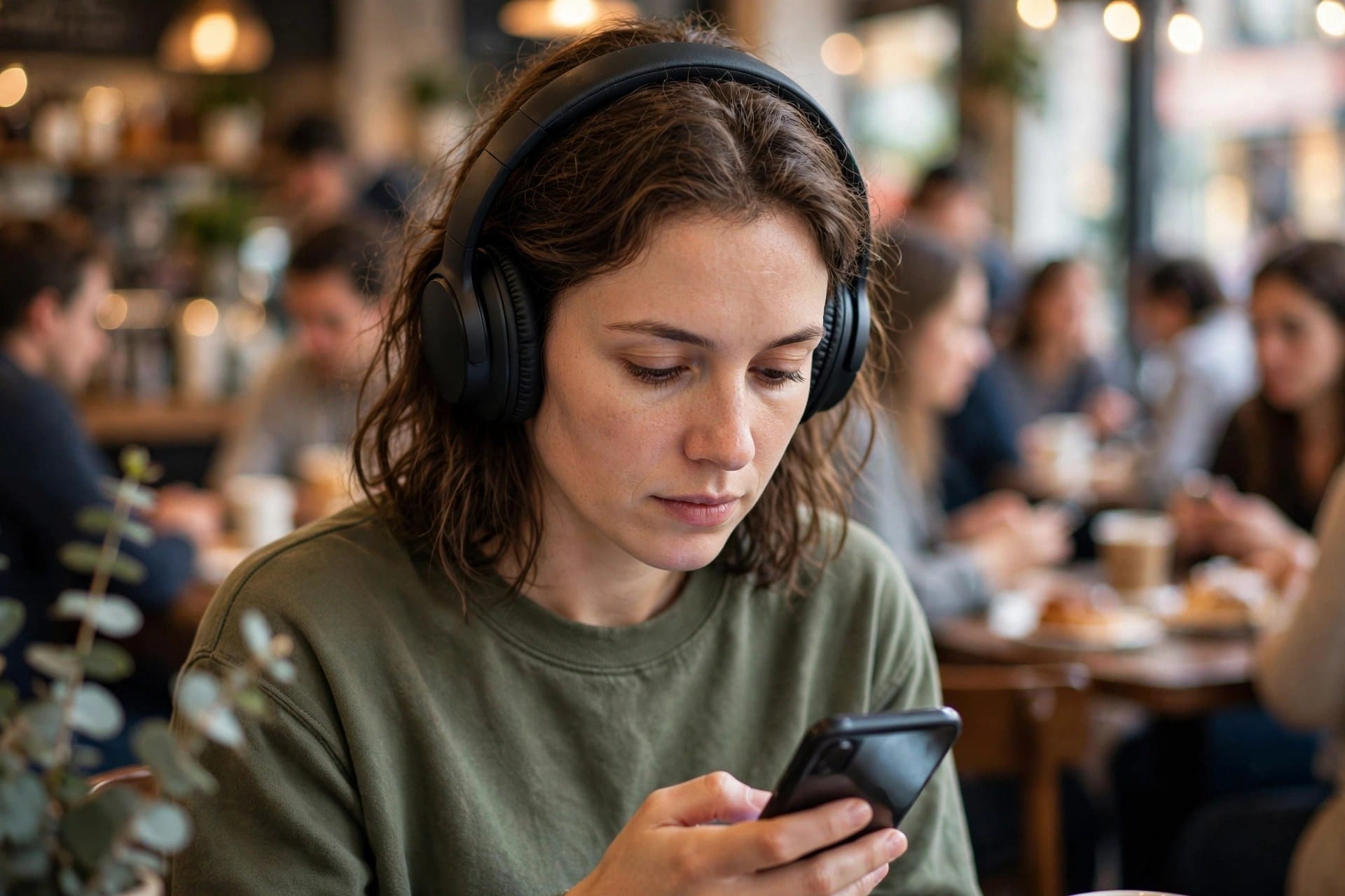 Woman wearing noise-cancelling headphones using her phone in a busy cafe