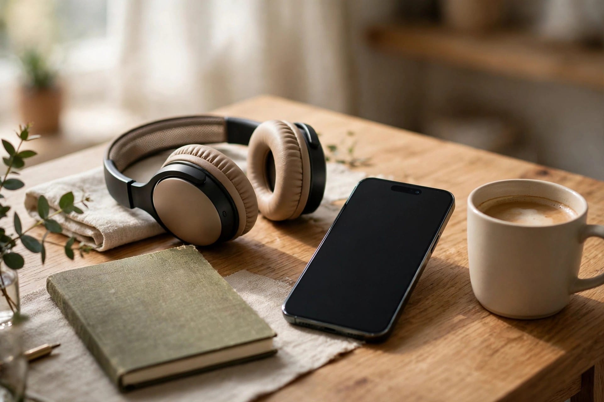 Headphones, smartphone, notebook and coffee arranged on a desk