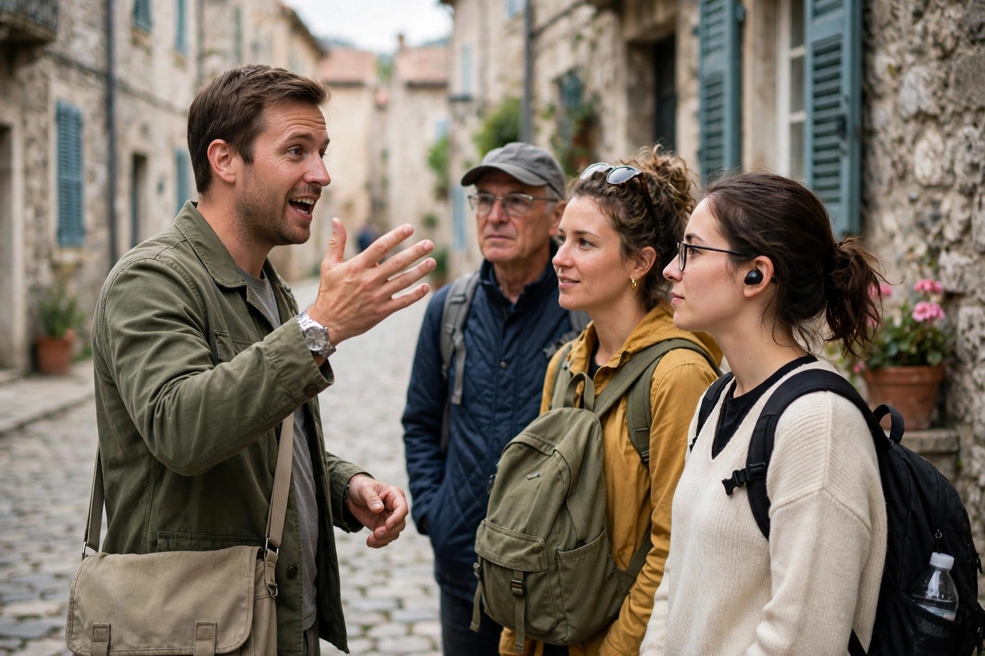 Tour guide speaking to tourists, one wearing an earbud, in an old town street