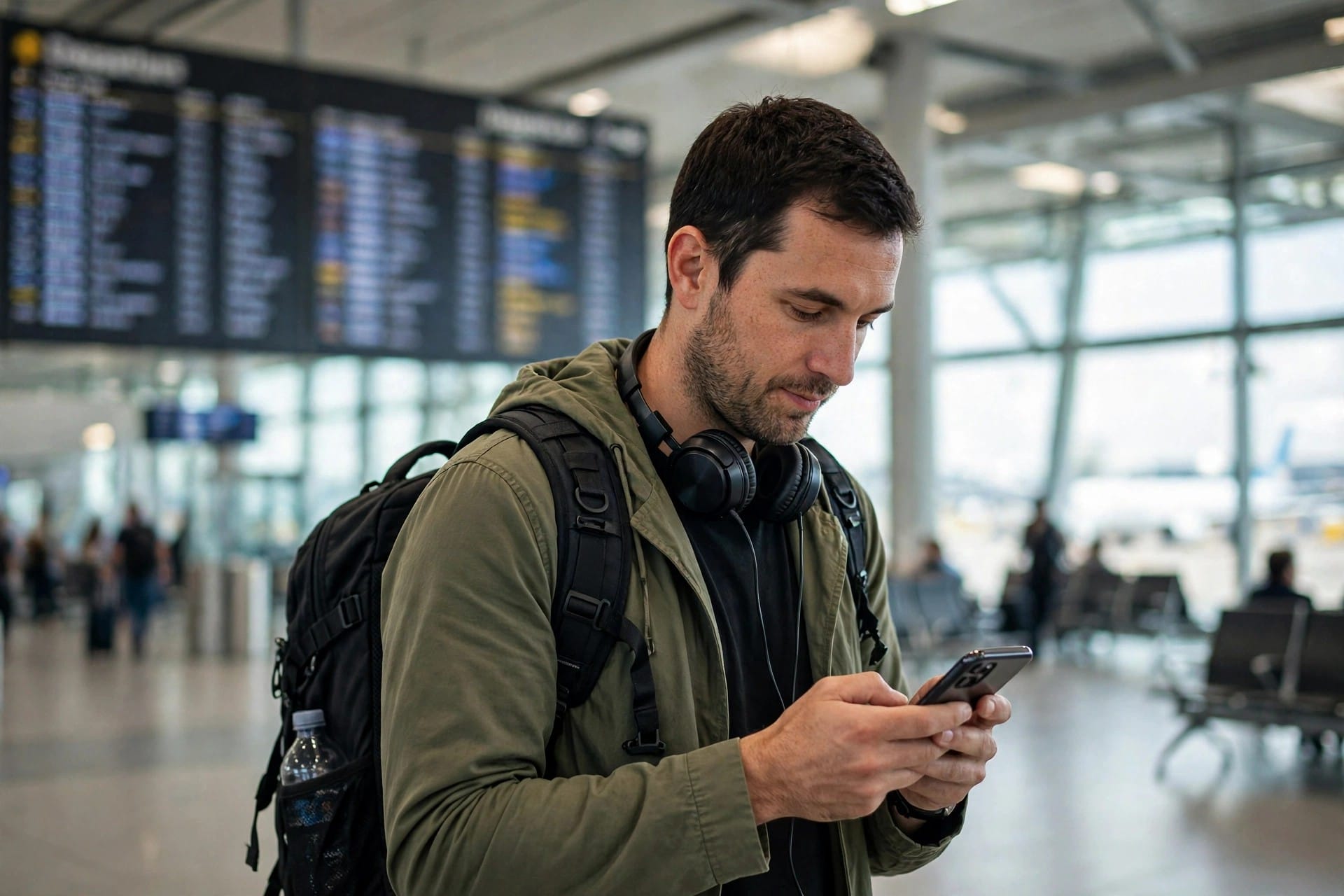 Traveller with headphones around his neck checking his phone at an airport