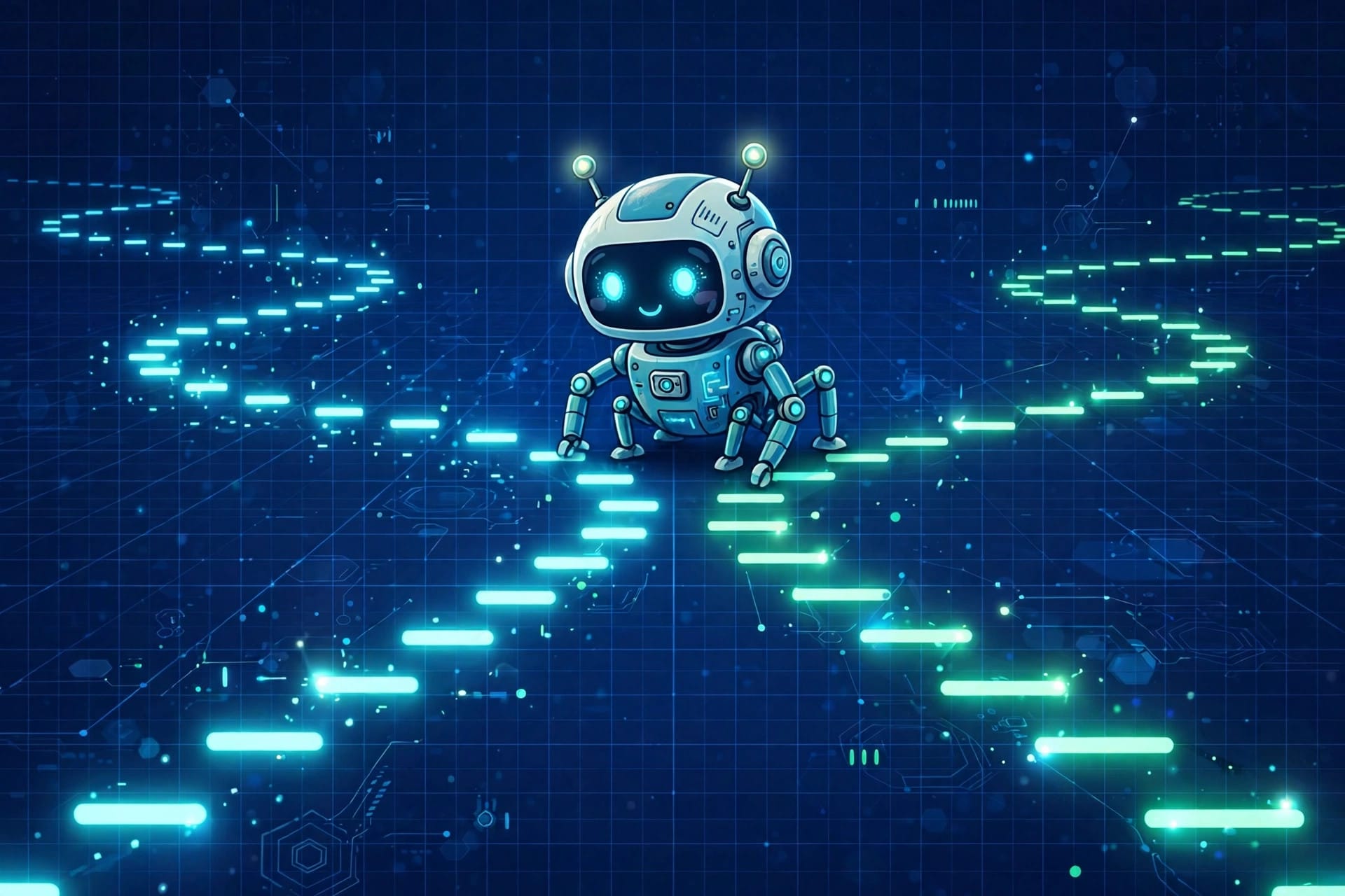 Friendly robot web crawler examining two diverging website path roads, one joined by glowing hyphens and the other by underscores, on a dark blue grid