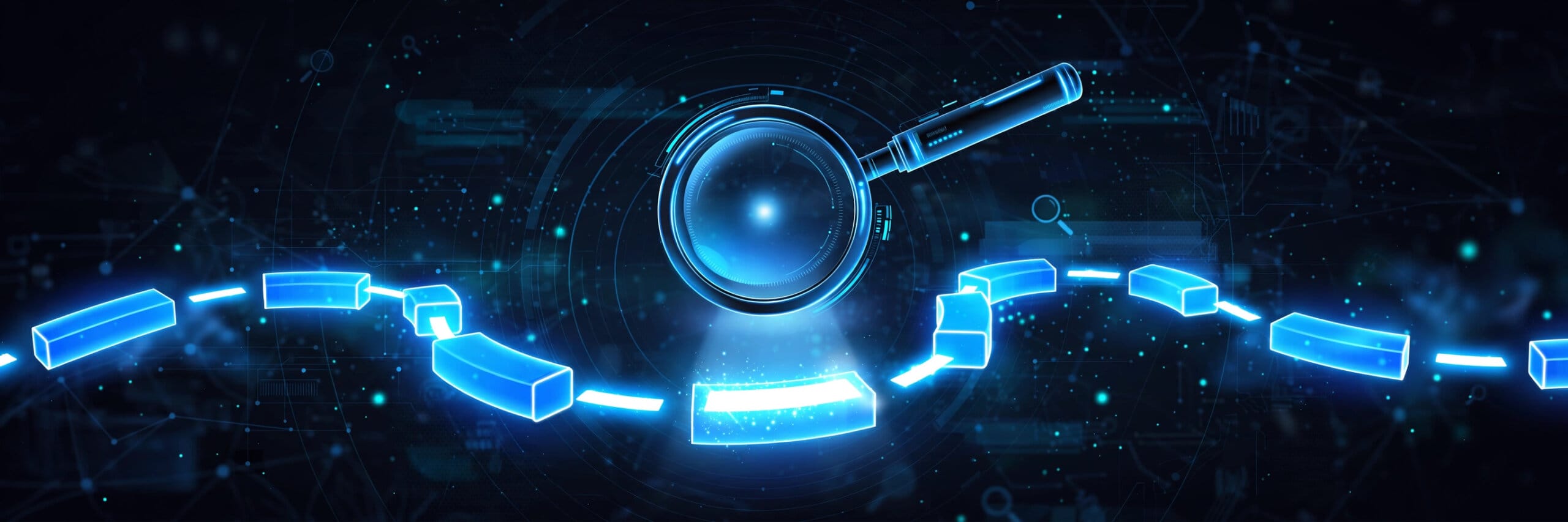 Abstract digital illustration of a glowing web address path whose segments are joined by bright hyphen dashes, a magnifying glass highlighting the hyphens