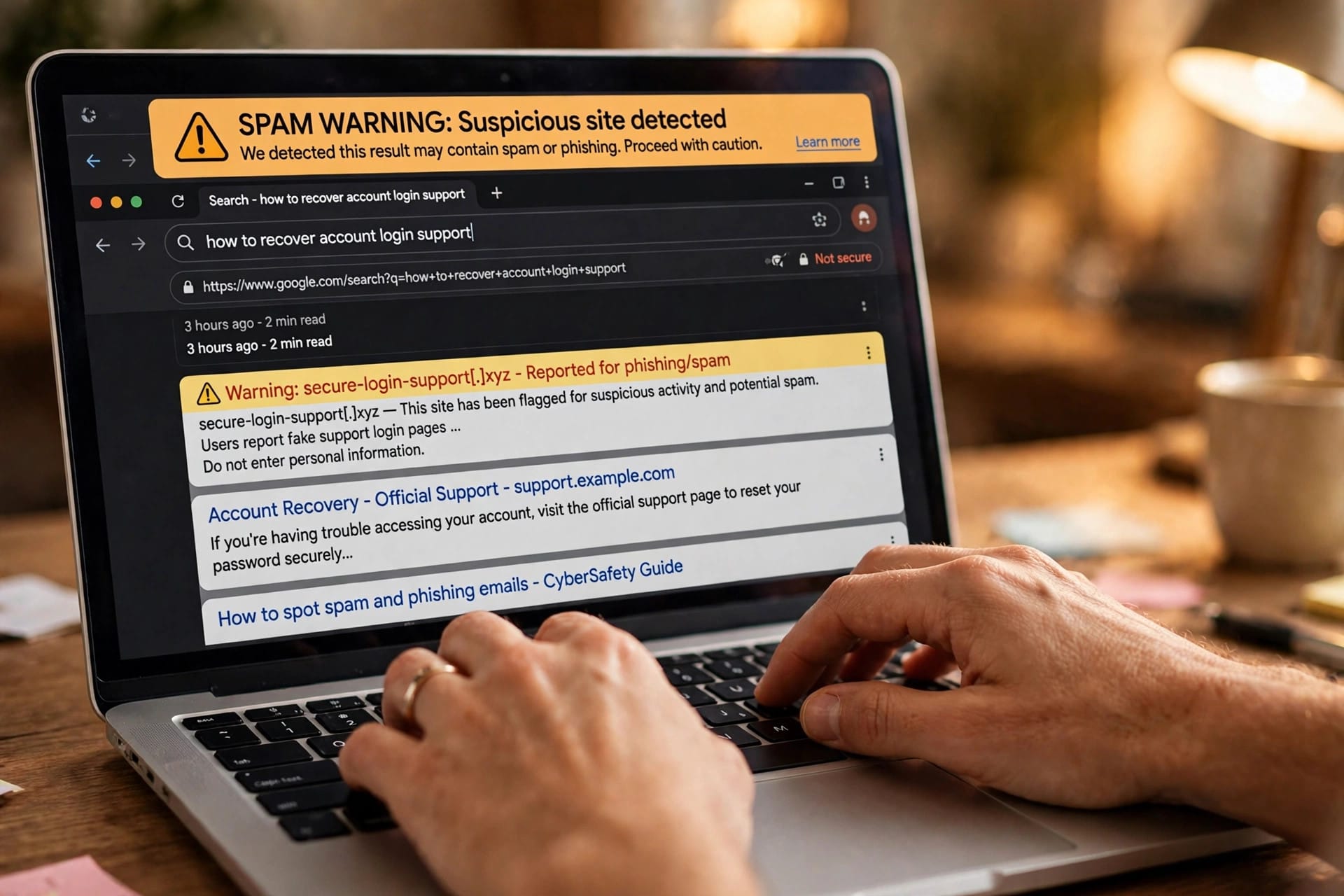 Laptop showing search results flagged with a spam warning