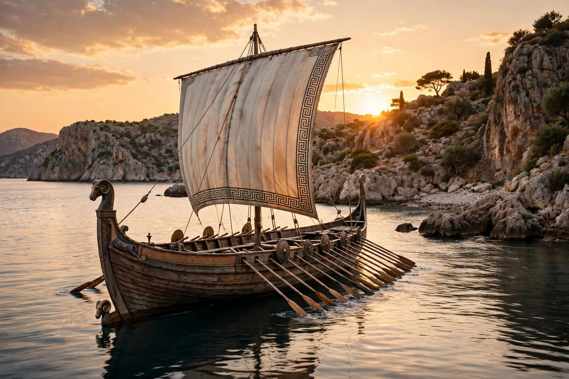 An ancient Greek sailing galley approaching a rocky coastline at sunset