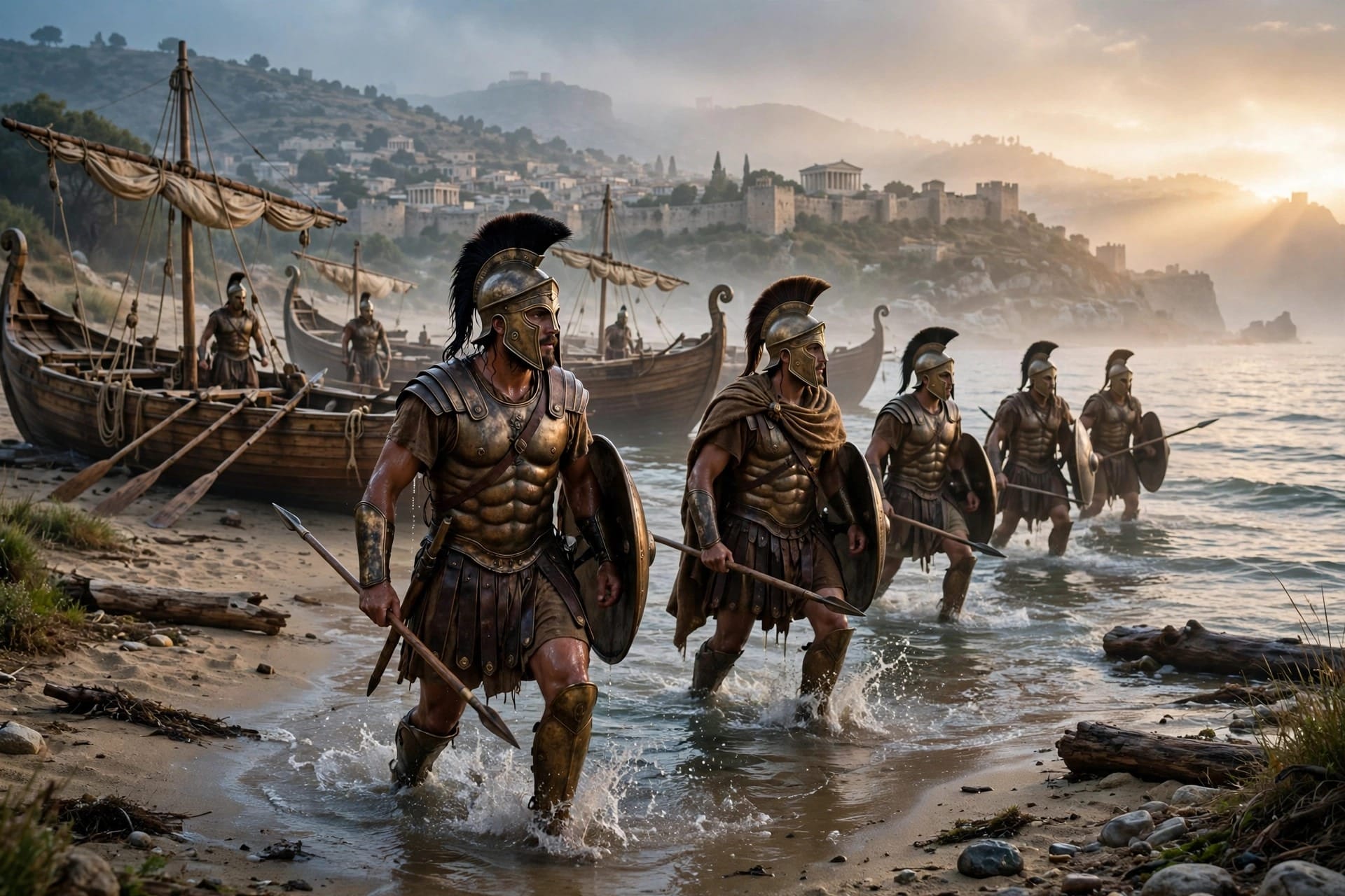 Ancient Greek warriors landing on a shore at dawn with wooden ships behind them