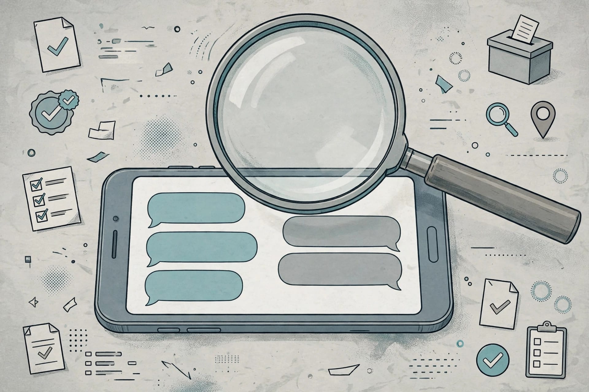 Magnifying glass over a phone showing a chatbot conversation, representing how Grok and GPT-6.1 Sol searched for election information differently