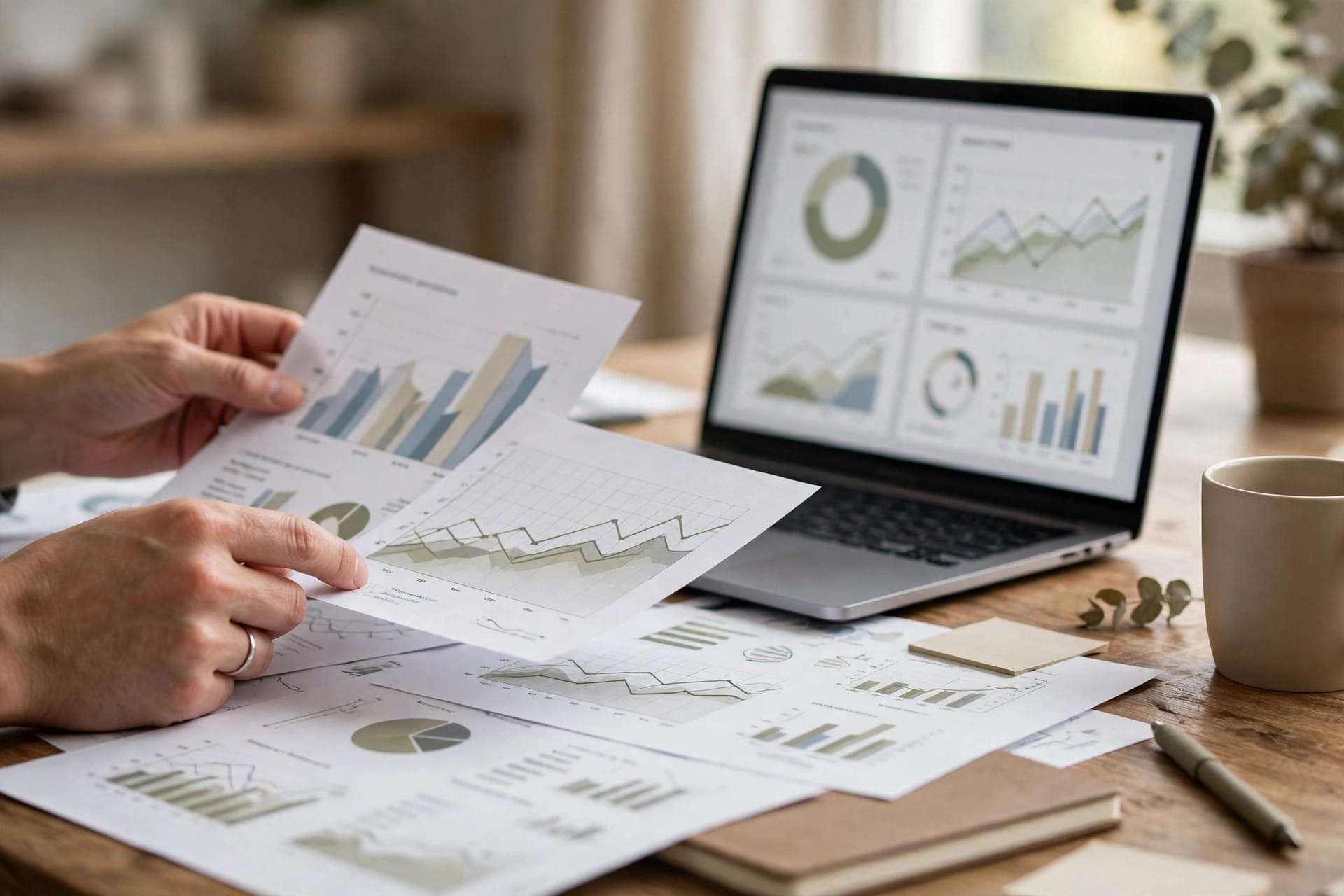 Hands reviewing commercial insurance risk charts beside a laptop for the hyperexponential underwriting platform
