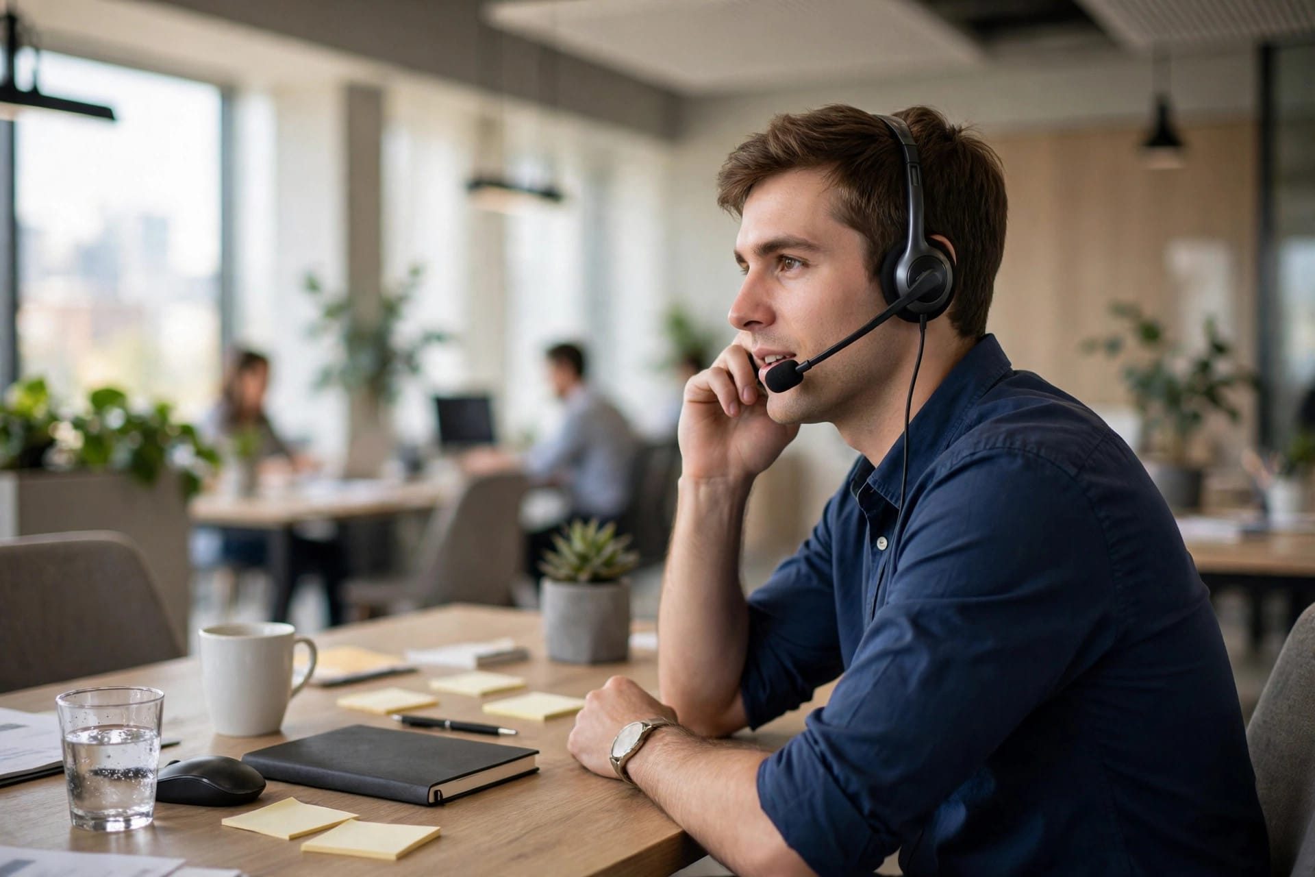 A customer service team member on a headset at a modern desk