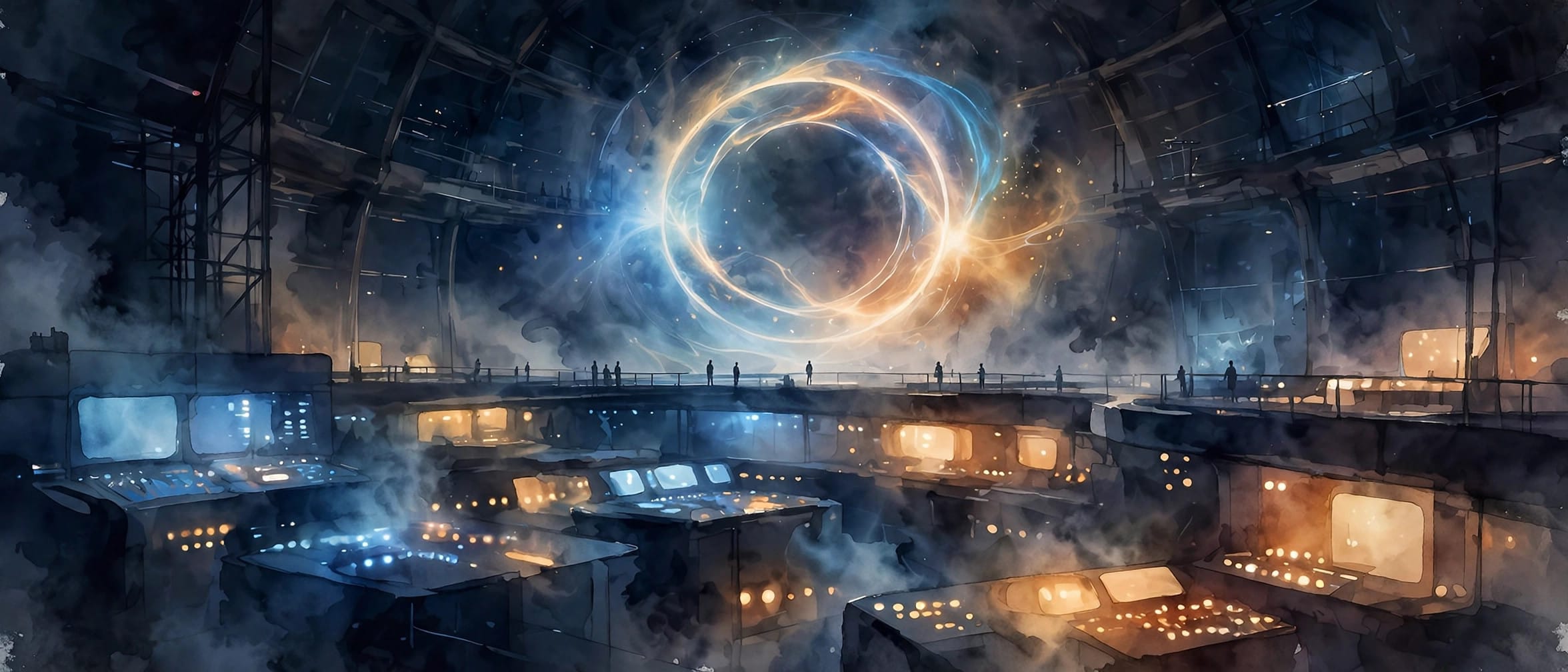 An abstract fusion research hall with a glowing reactor ring and control desks