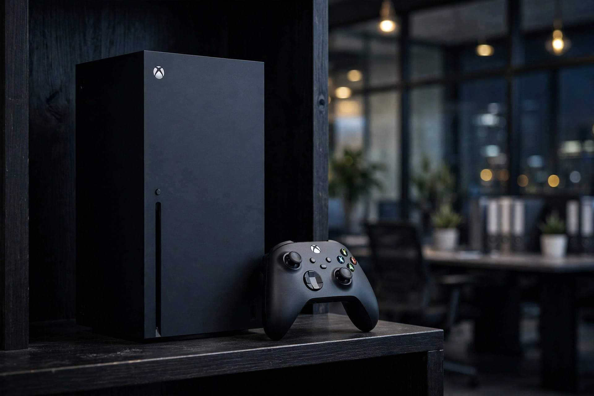 Xbox console and controller on a dark office shelf amid the Xbox leadership reset
