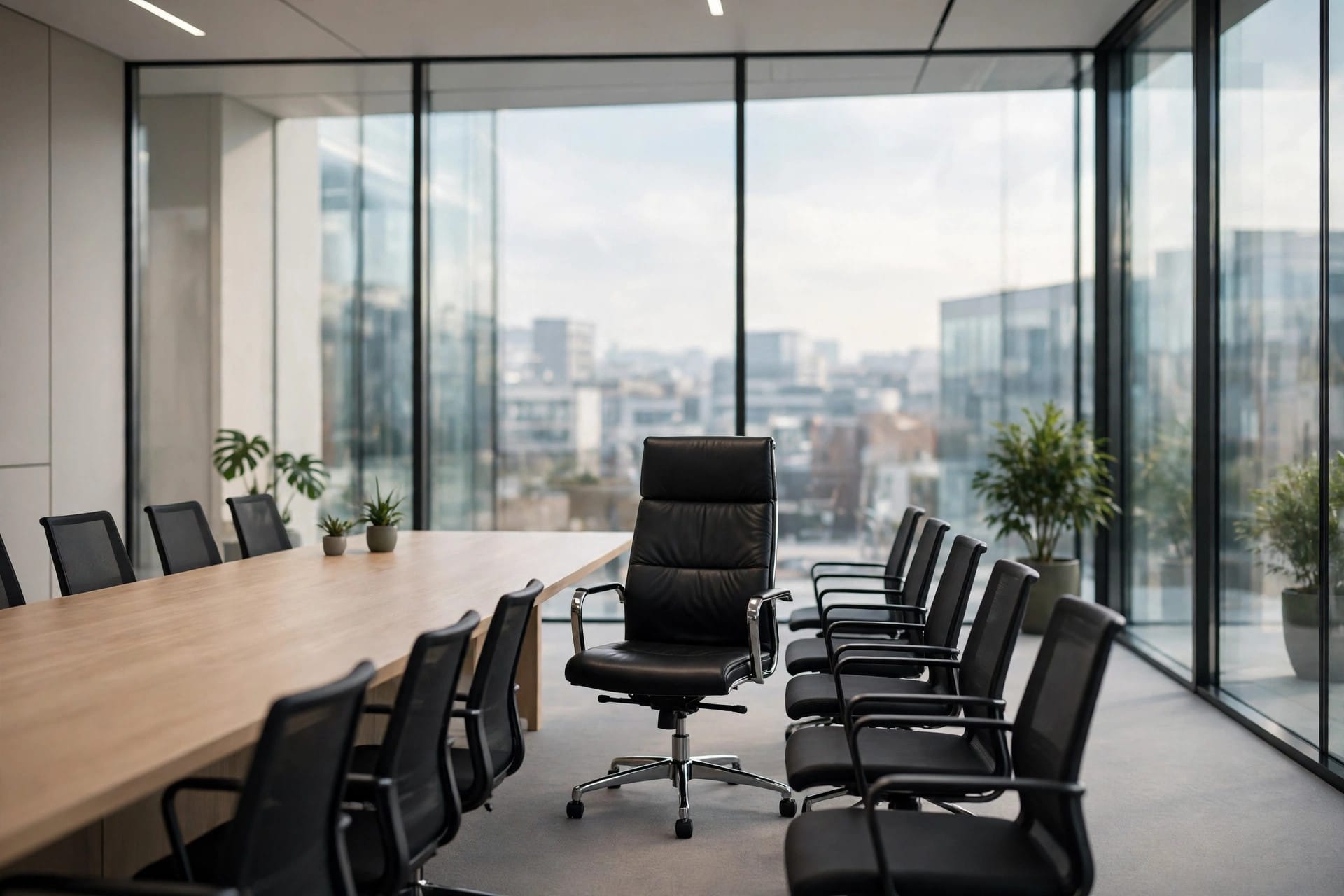 Empty executive chair at the head of a glass-walled meeting room table after the Xbox COO departure