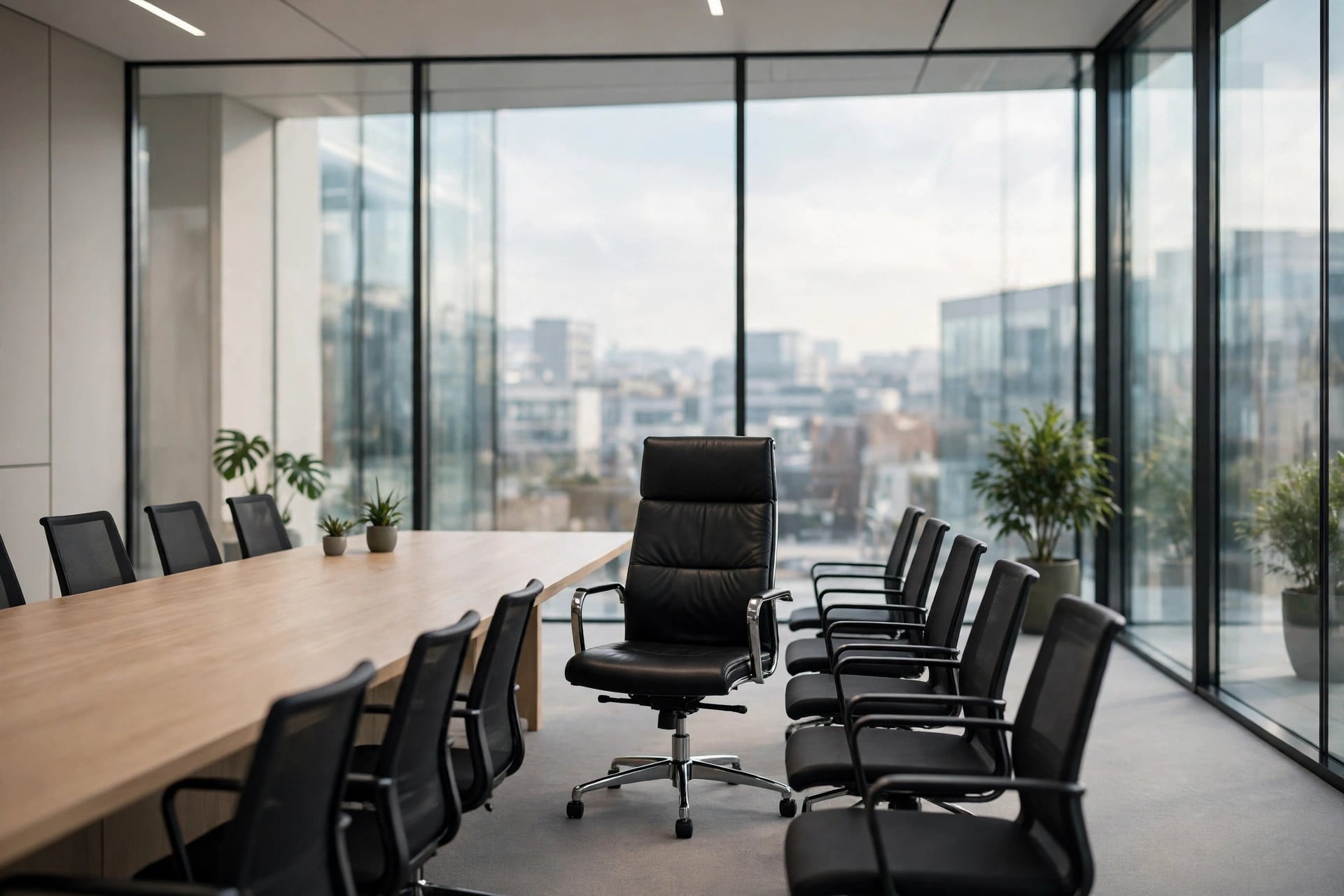 Empty executive chair at the head of a glass-walled meeting room table after the Xbox COO departure