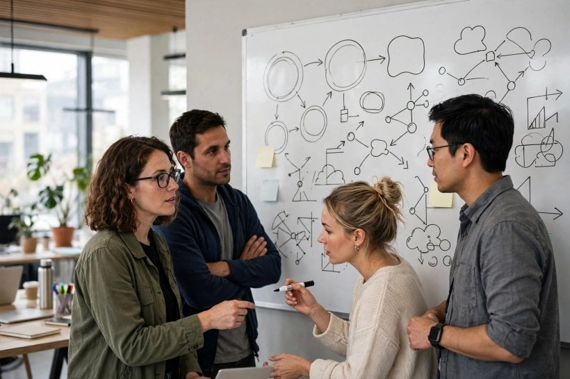A team discussing abstract diagrams on a whiteboard