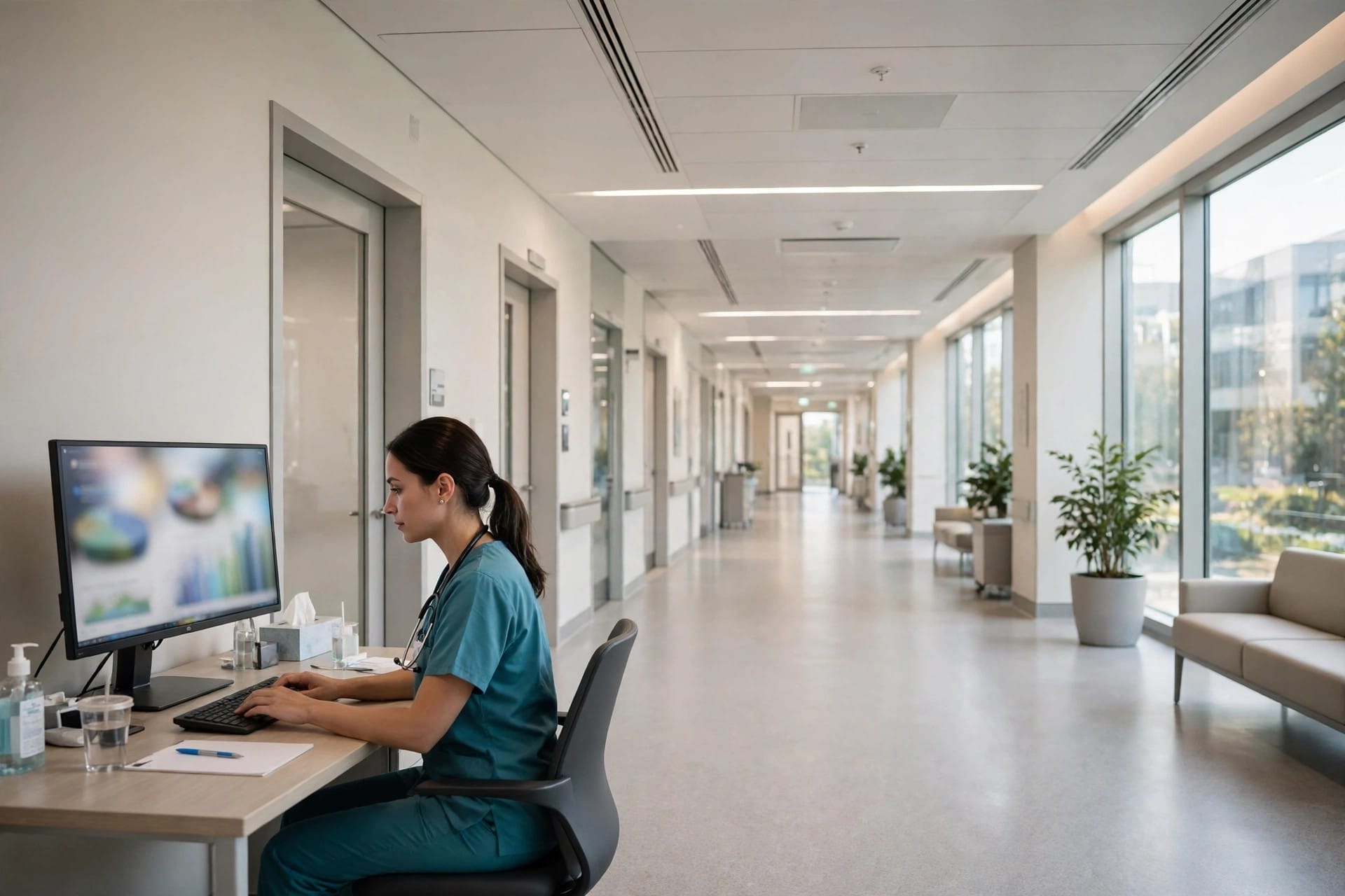 Clinician at a workstation in a bright hospital corridor looking at a blurred health dashboard