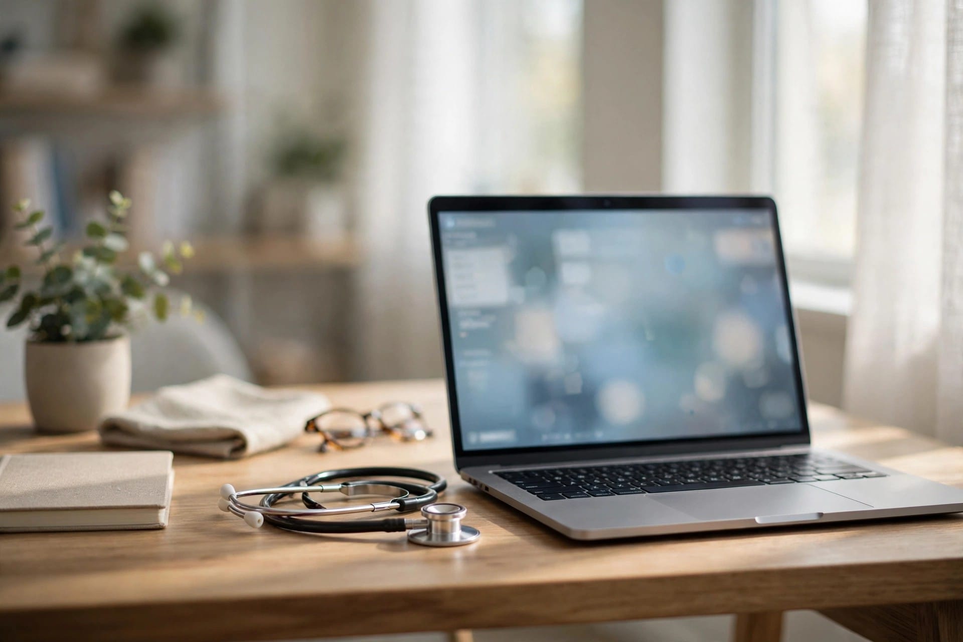 Laptop with a blurred medical records screen and a stethoscope on a wooden desk